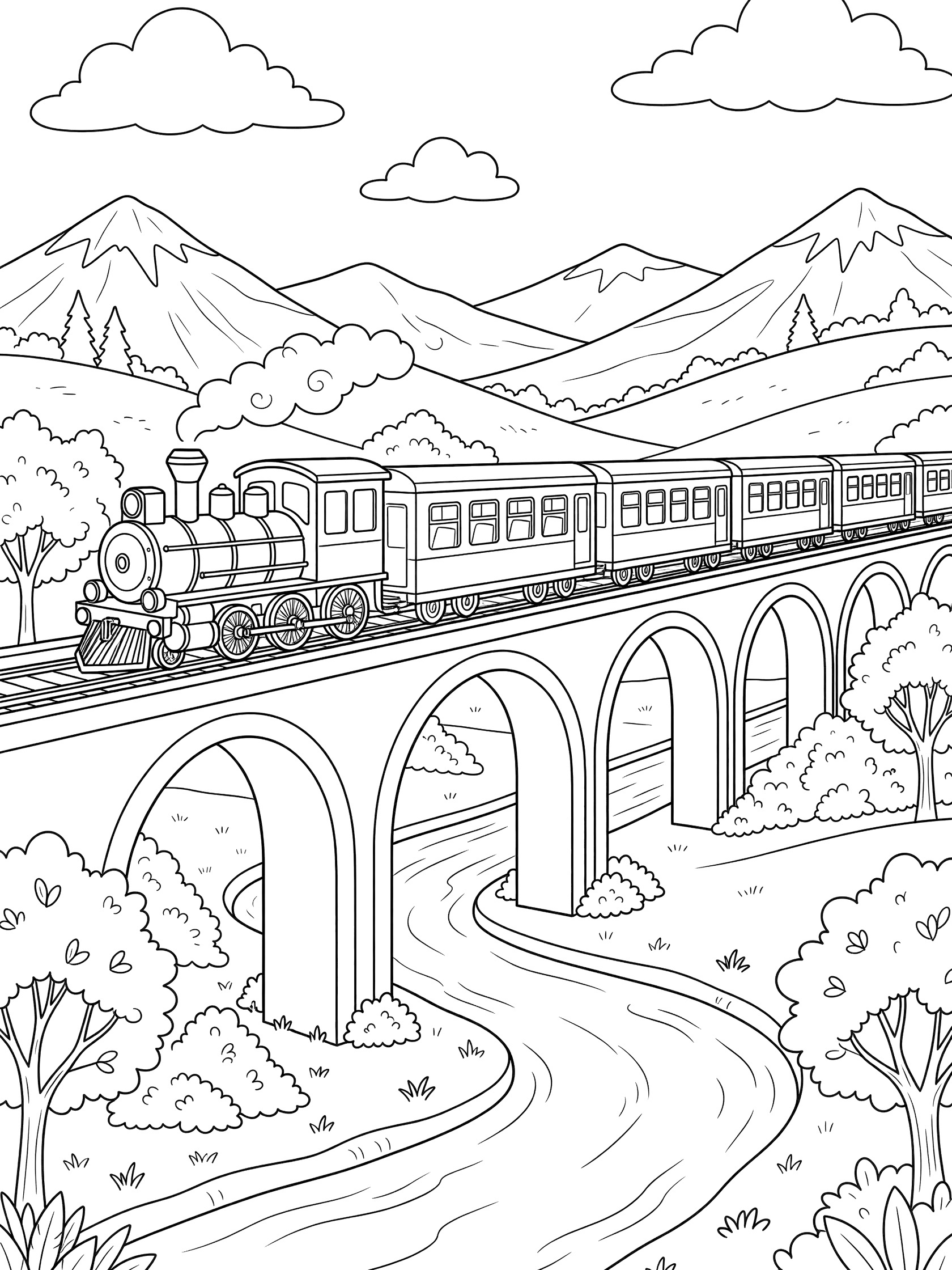Black and white line art of a passenger train crossing a tall arched bridge over a river valley with trees, hills, mountains, and clouds.
