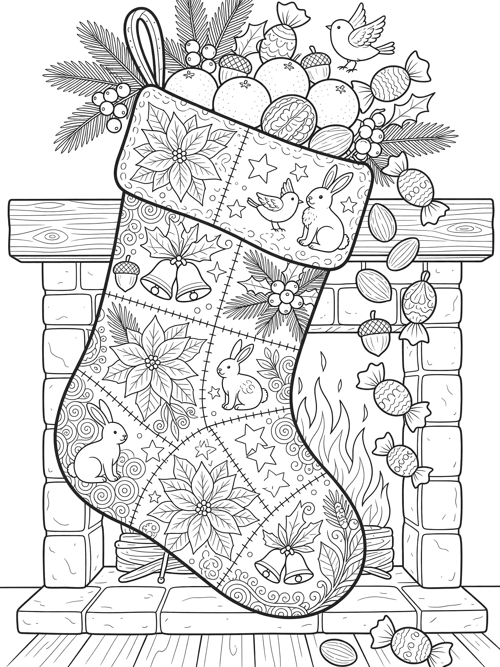 Black and white line art of a large patchwork Christmas stocking on a wooden mantel above a fireplace, overflowing with oranges, nuts and candies, decorated with rabbits, birds, holly berries, pine, stars and bells.