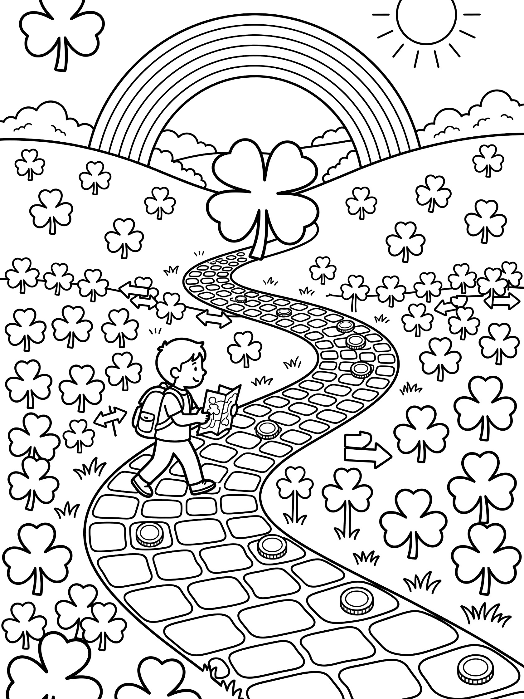 Black and white coloring page of a boy with backpack and map following a stone path lined with shamrocks to a large four-leaf clover, with rainbow and sun in the background.