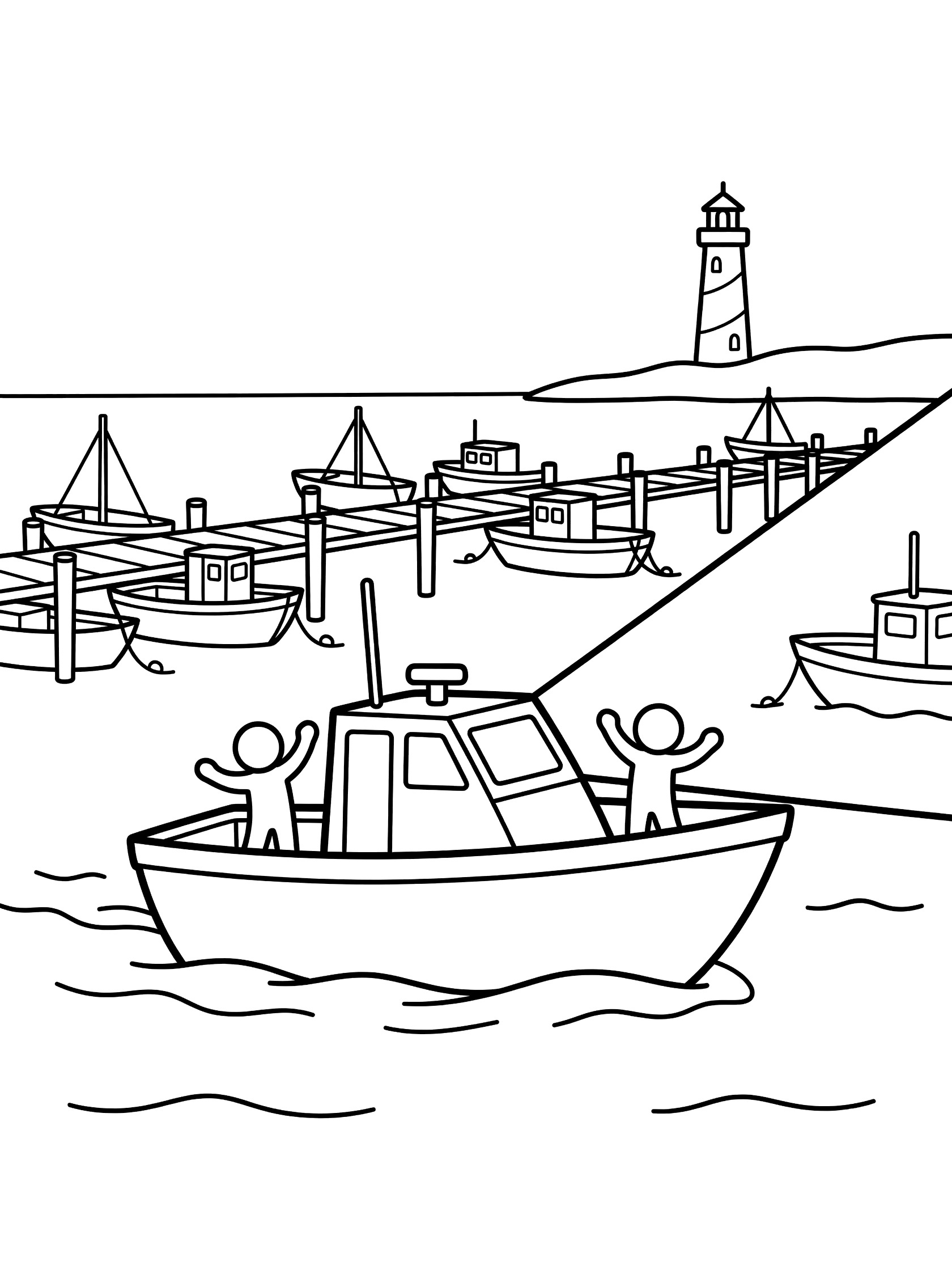 Line art coloring page showing a patrol boat with two crew figures waving from the deck, moving through harbor water near wooden docks with fishing boats and a distant lighthouse.
