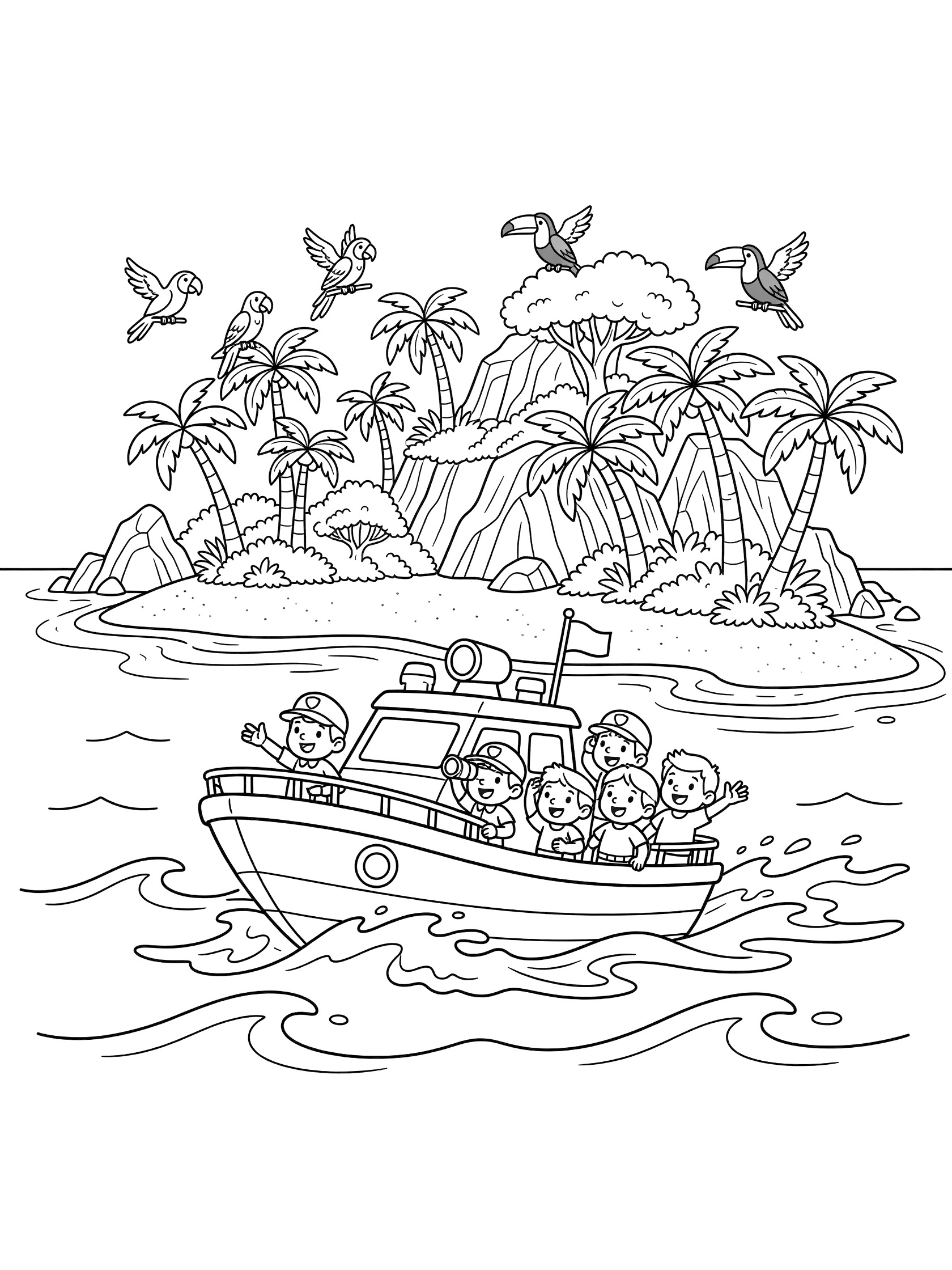 Cute line art coloring page showing a patrol boat with crew on deck approaching a lush tropical island with palm trees, rocky cliffs, sandy beach, and flying birds through gentle waves.