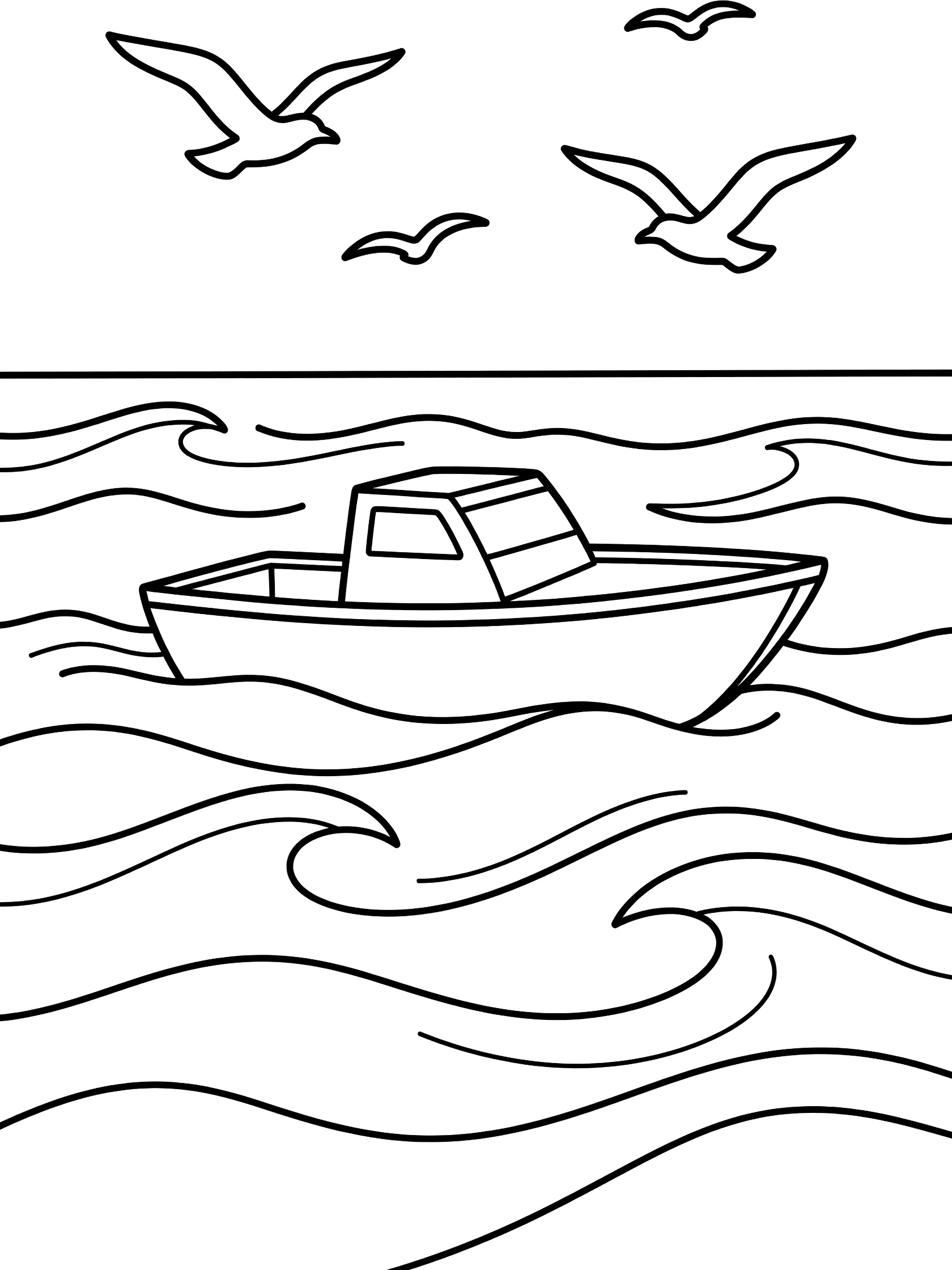 Black and white line art coloring page showing a patrol boat on ocean waves with seagulls soaring overhead