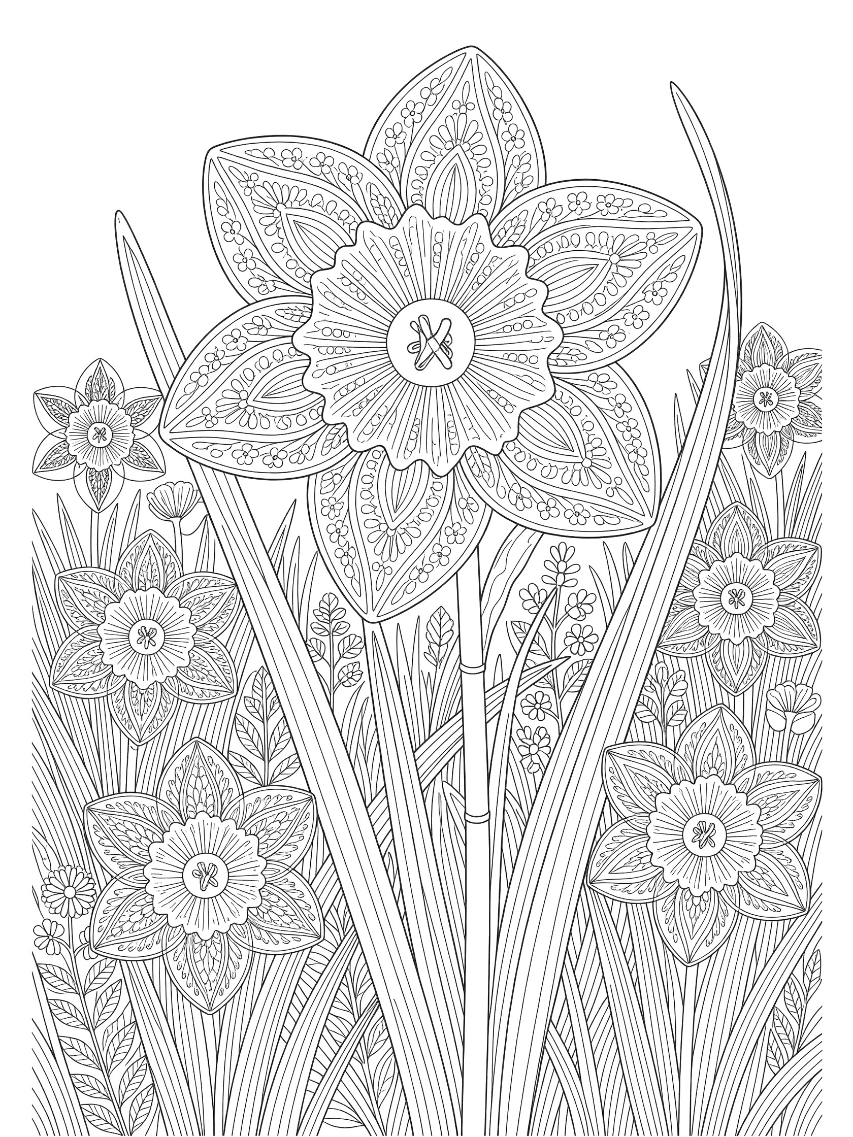 Black and white line art of a big patterned daffodil surrounded by smaller daffodils and grass in a meadow, perfect for coloring.