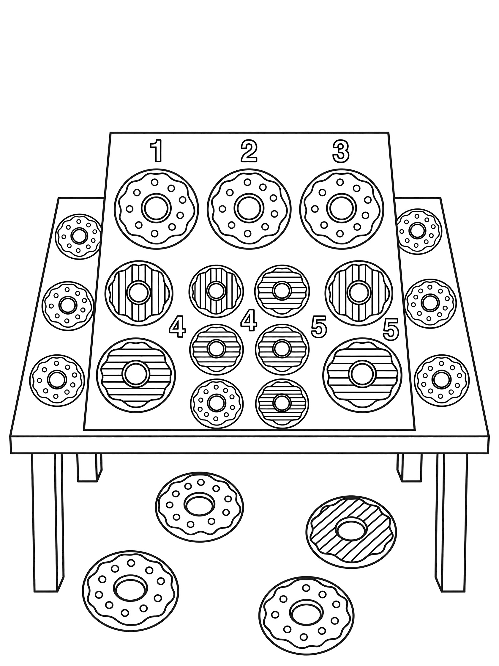 Printable coloring page showing a table with patterned donuts arranged in numbered groups from 1 to 5, plus extra donuts on the floor, clean line art.