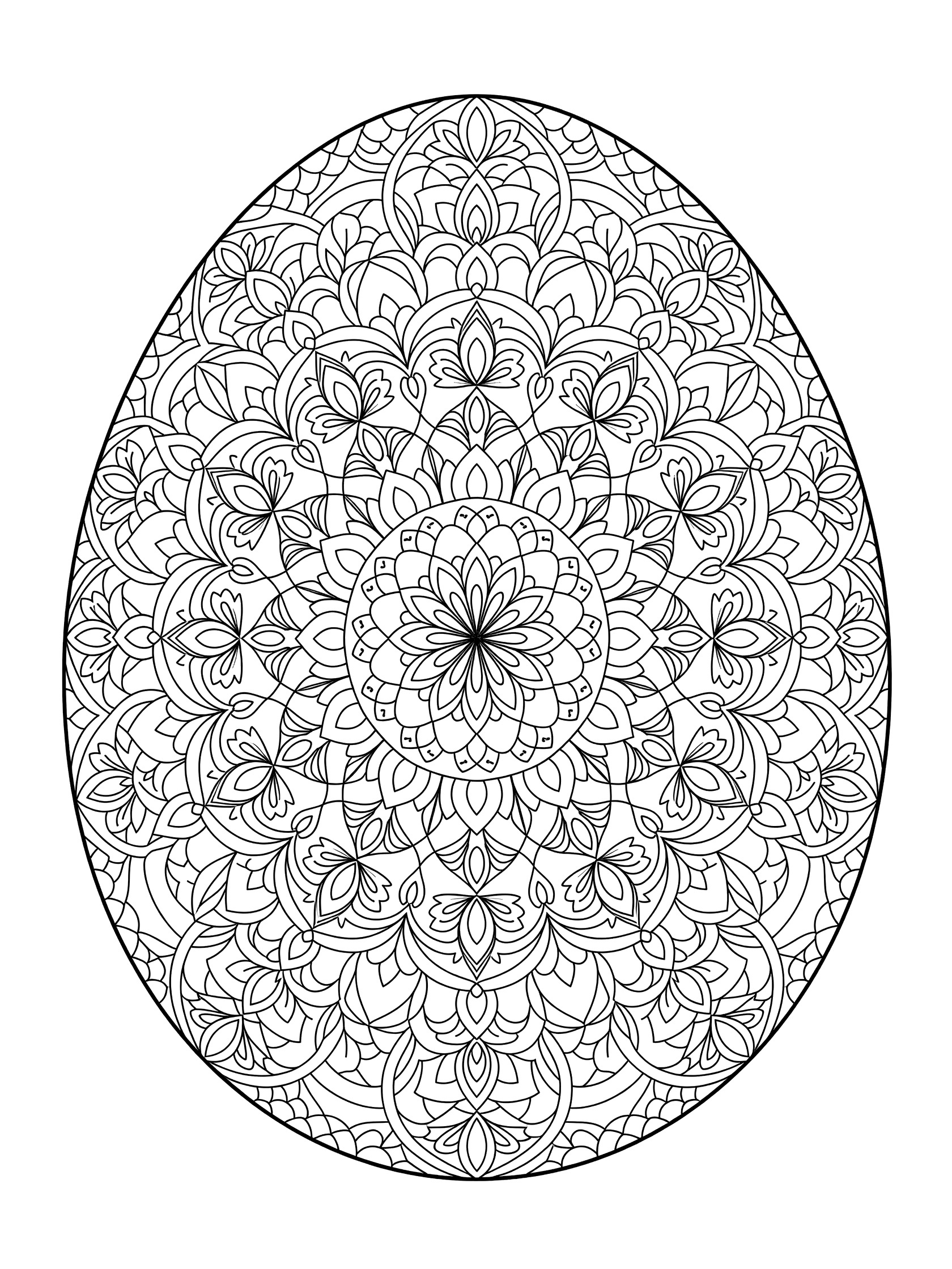 Black and white line art coloring page of an oval dragon egg covered in symmetrical floral motifs and scale patterns forming a mandala.