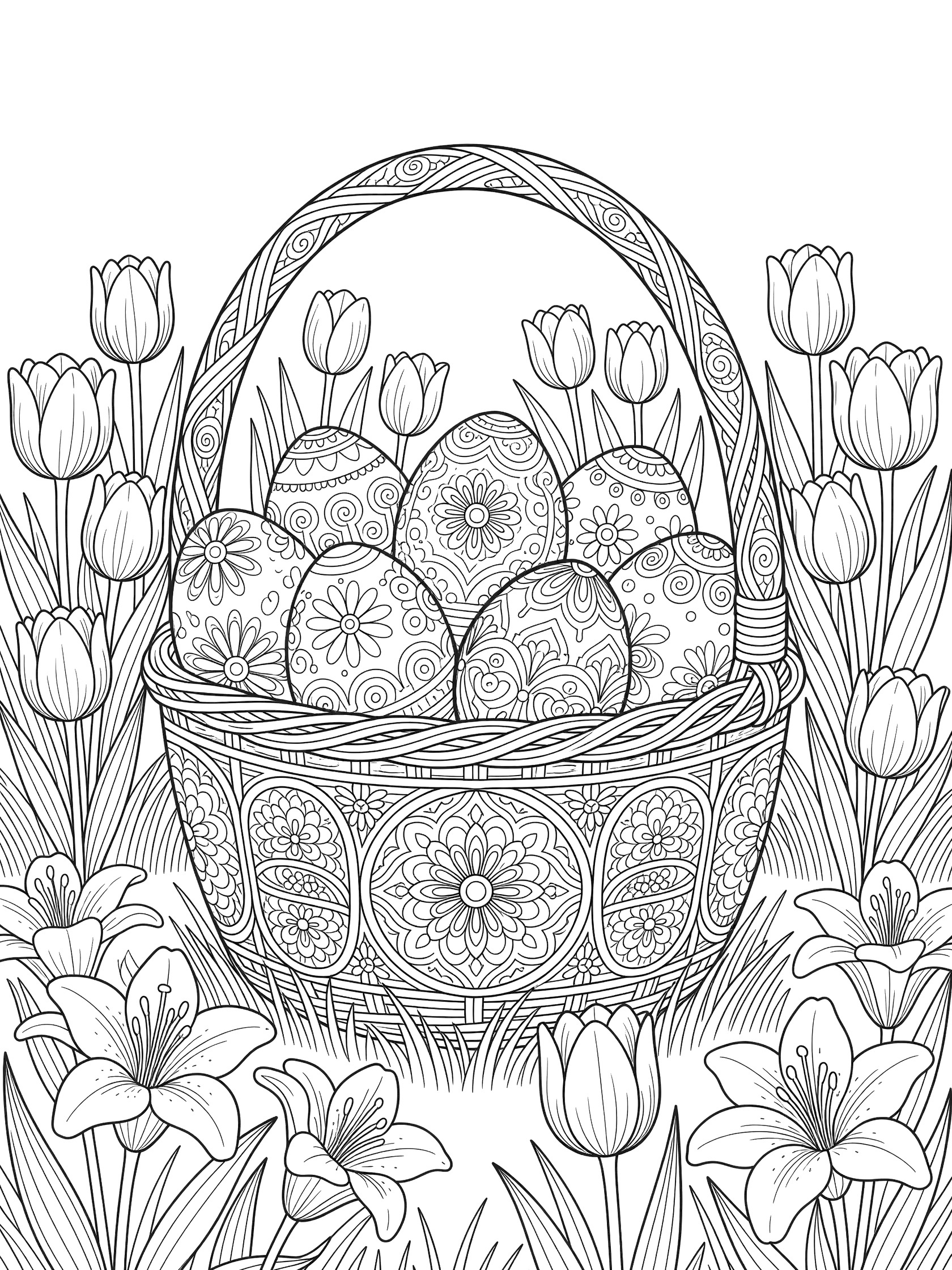 Black and white line art of a detailed Easter basket overflowing with intricately patterned eggs, on grass with Easter lilies and tulips.