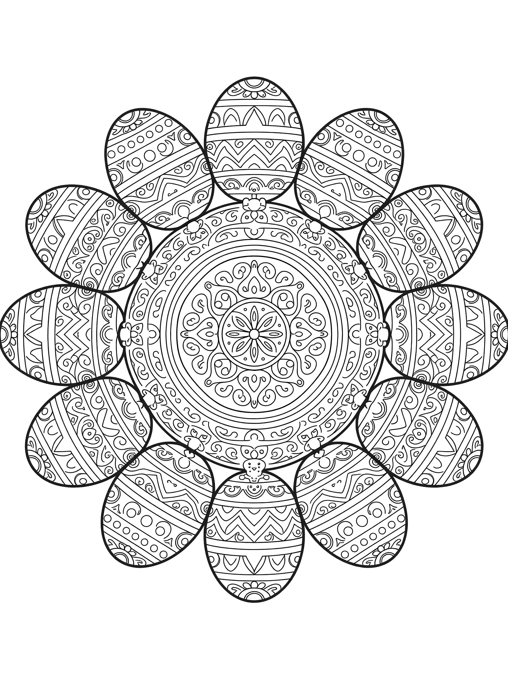 Black and white line art coloring page of twelve patterned Easter eggs arranged in a circular mandala design with floral swirls, geometric patterns, tiny bunnies and chicks.