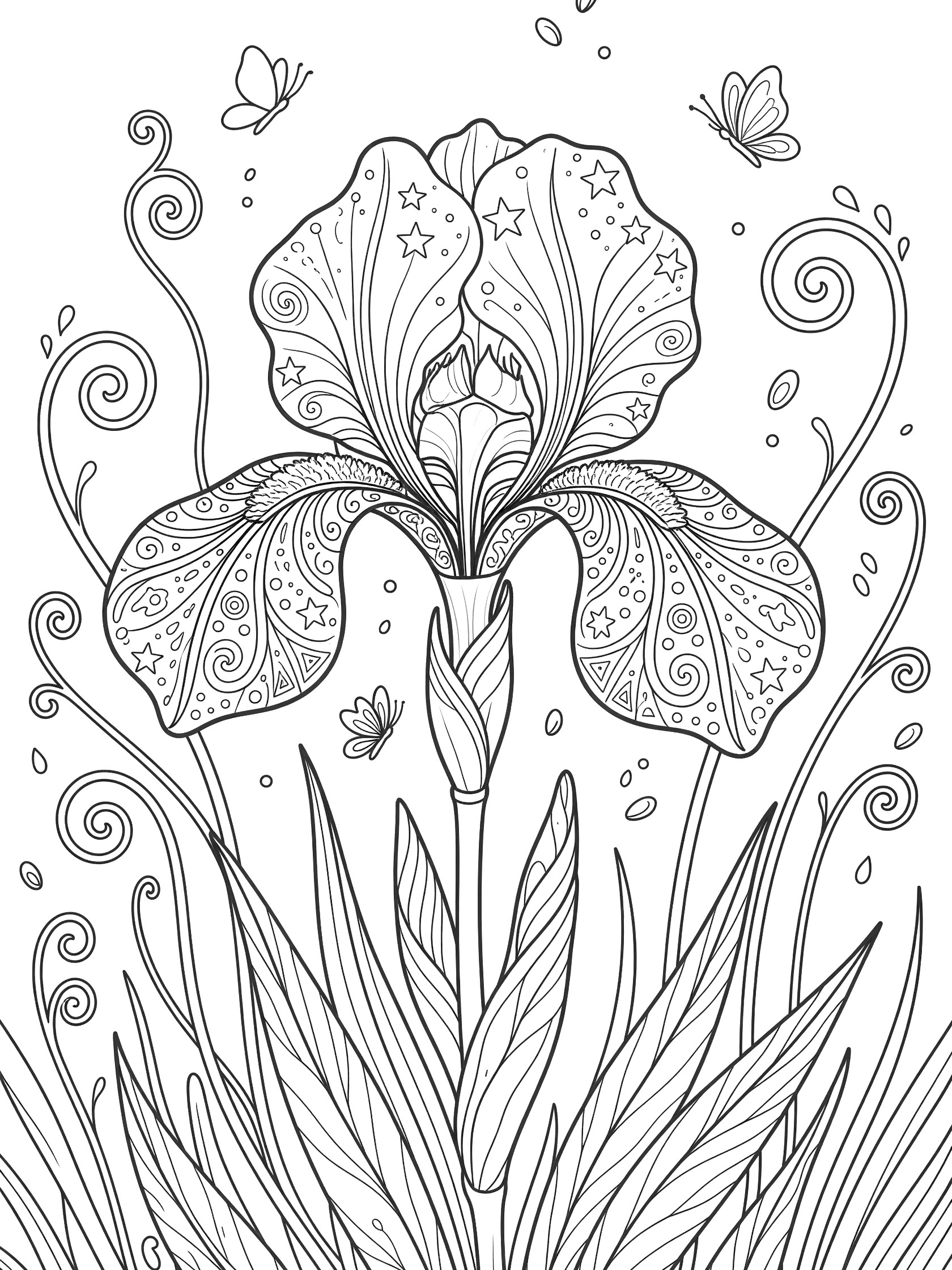 Black and white line art of a large iris flower with intricate patterns on petals, butterflies flying around, stars, swirls, and tall grass stems