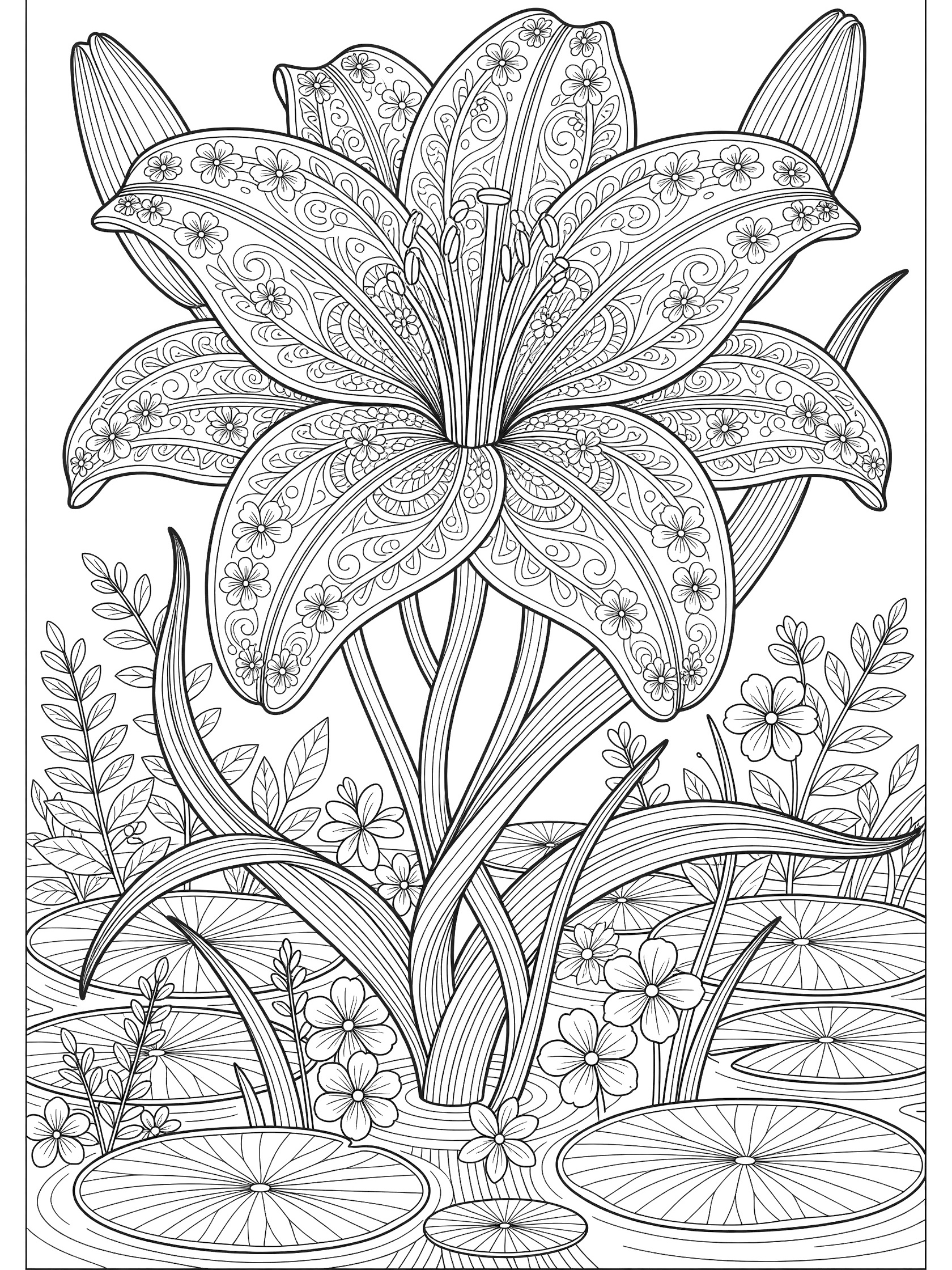 Black and white line art of a large lily flower with mandala patterns on petals, stems, lily pads, and tiny flowers around a pond.