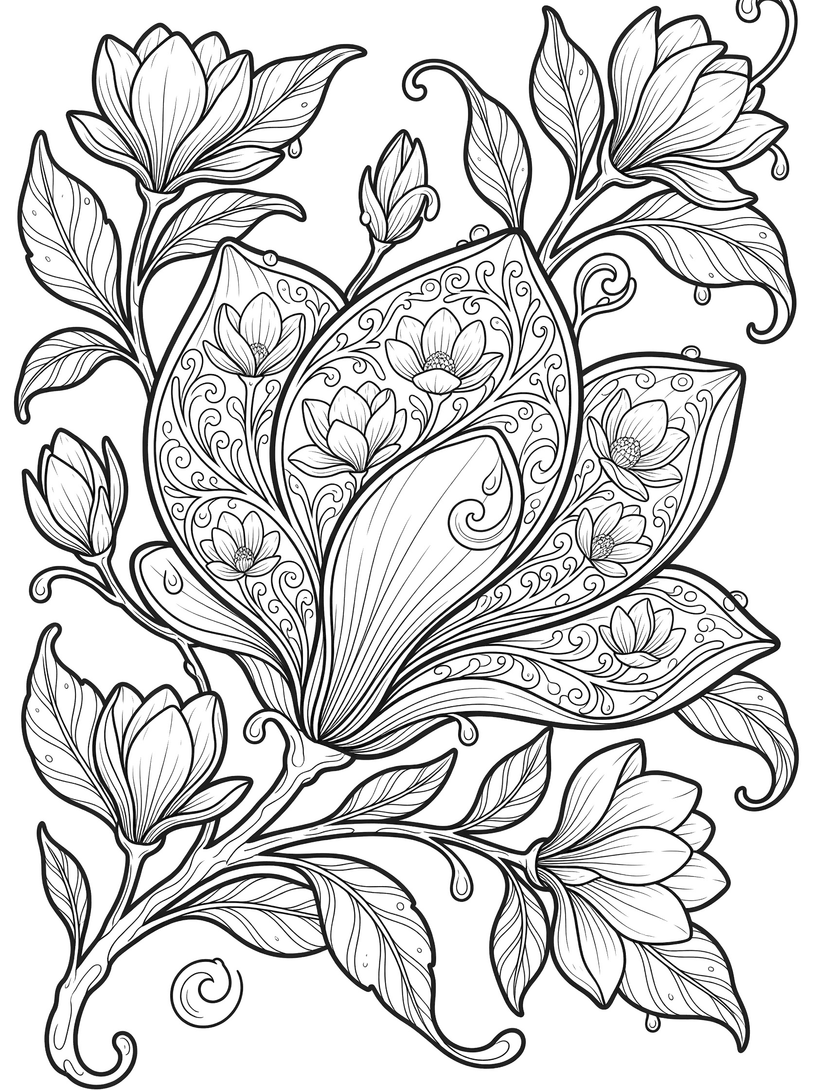 Detailed line art coloring page showing a central magnolia petal filled with patterns of vines, tiny magnolia flowers, leaves, and dew drops.