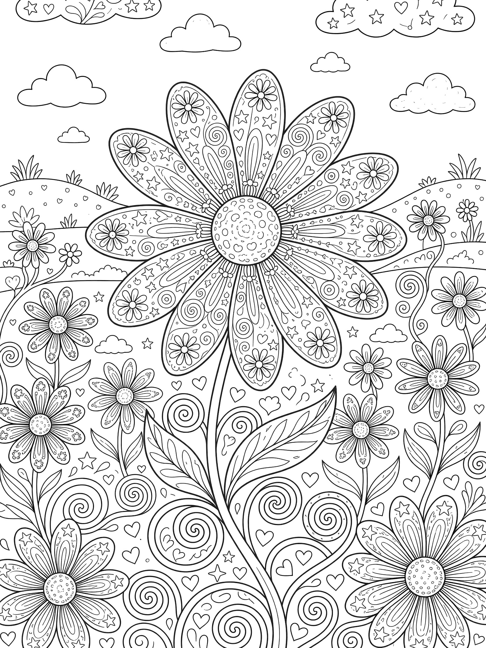 Daisy coloring page featuring a large central daisy with intricate doodle patterns on petals like swirls, stars, hearts, and mini flowers, surrounded by vines, more daisies, hills, and clouds.