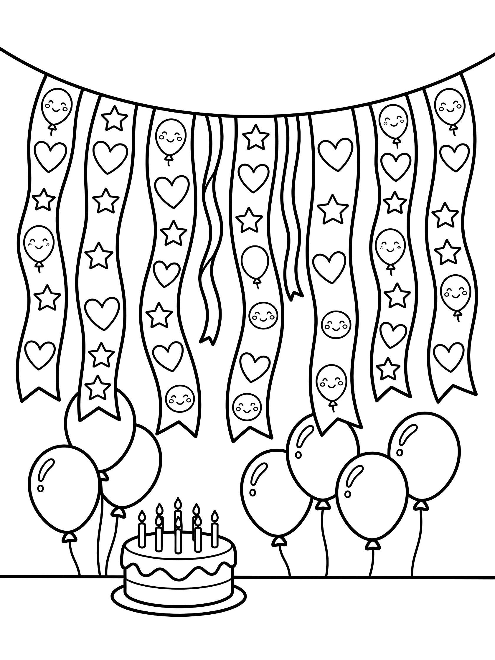 Black and white line art of patterned streamers banner draped over birthday cake and balloons coloring page