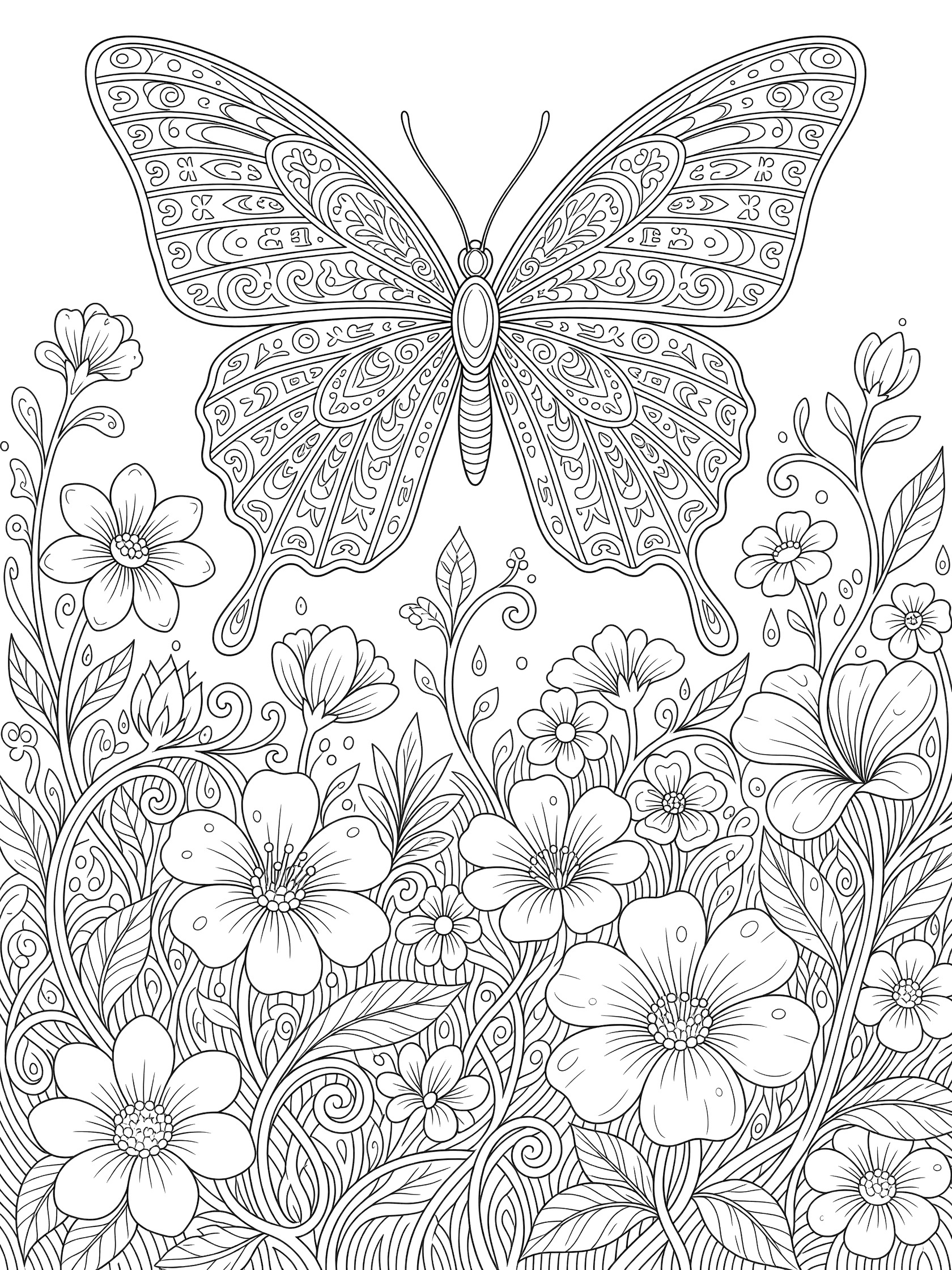 Black and white line art coloring page showing a large butterfly with swirling geometric patterns on its wings, surrounded by oversized flowers, vines, and leaves.