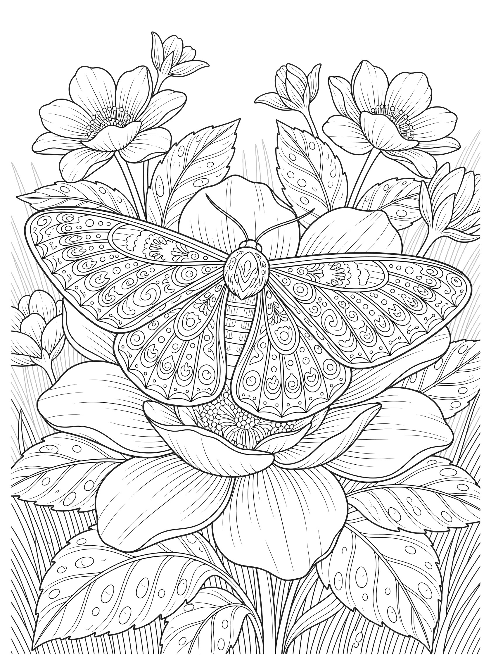 Black and white line art coloring page showing a detailed moth with symmetrical patterned wings perched on a big flower with leaves and buds.