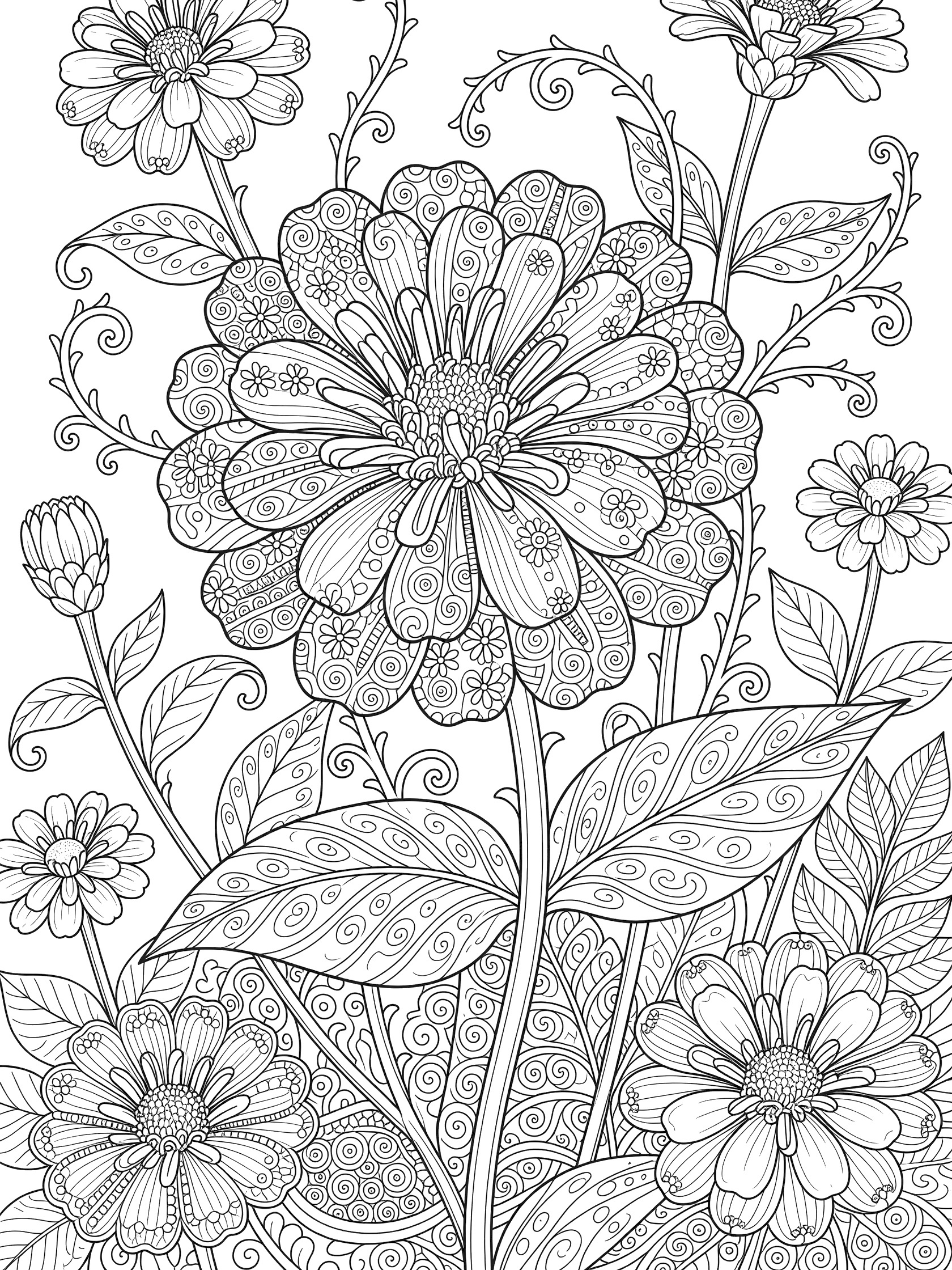 Intricate line art coloring page showing a large central zinnia bloom with geometric patterns, curling stems, broad leaves, and surrounding smaller zinnias on white background