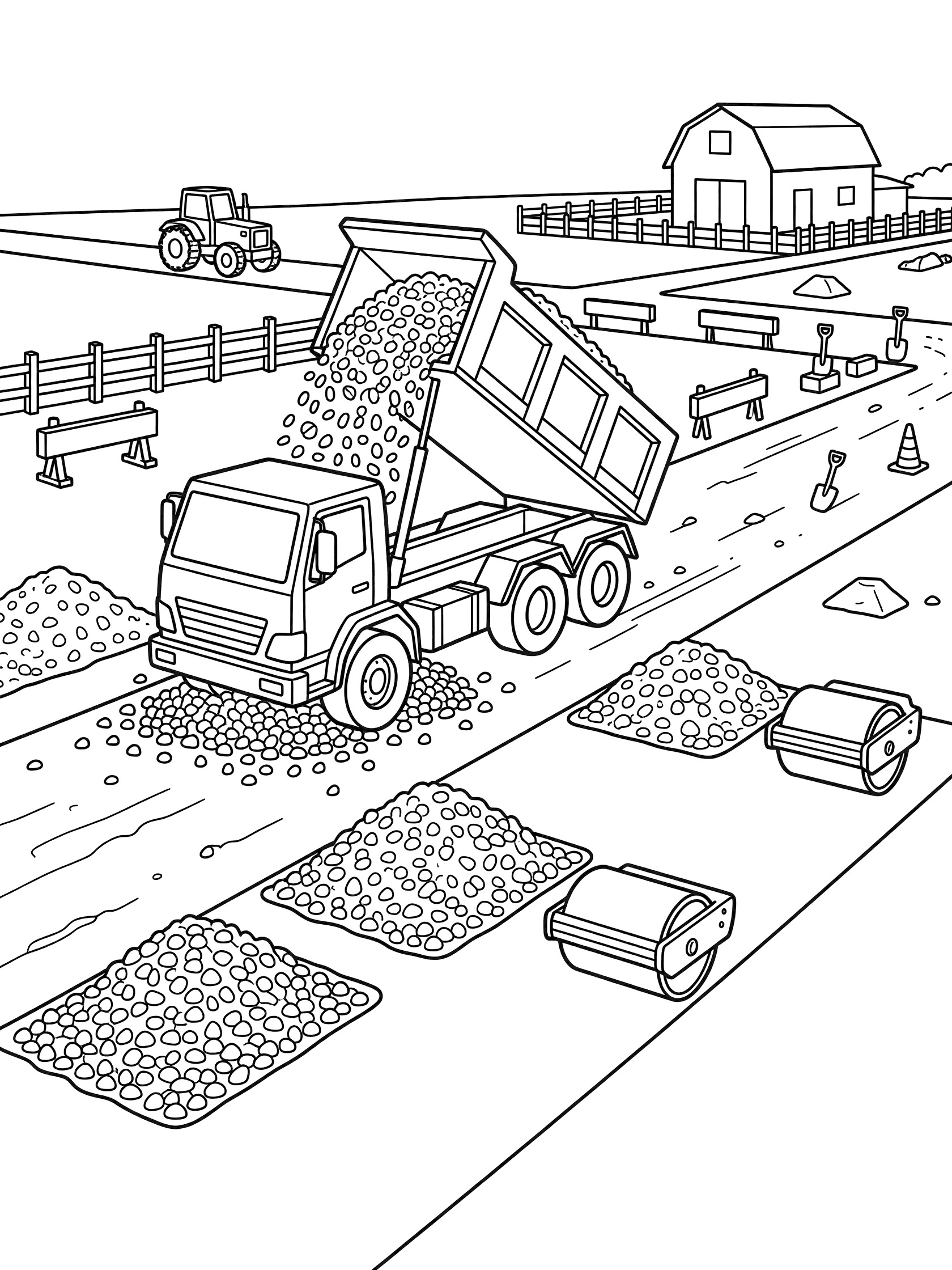 Black-and-white coloring page of a payload dumper truck tilting to dump gravel on a half-built dirt road in a farm with rollers, barn, fence, and tractor.