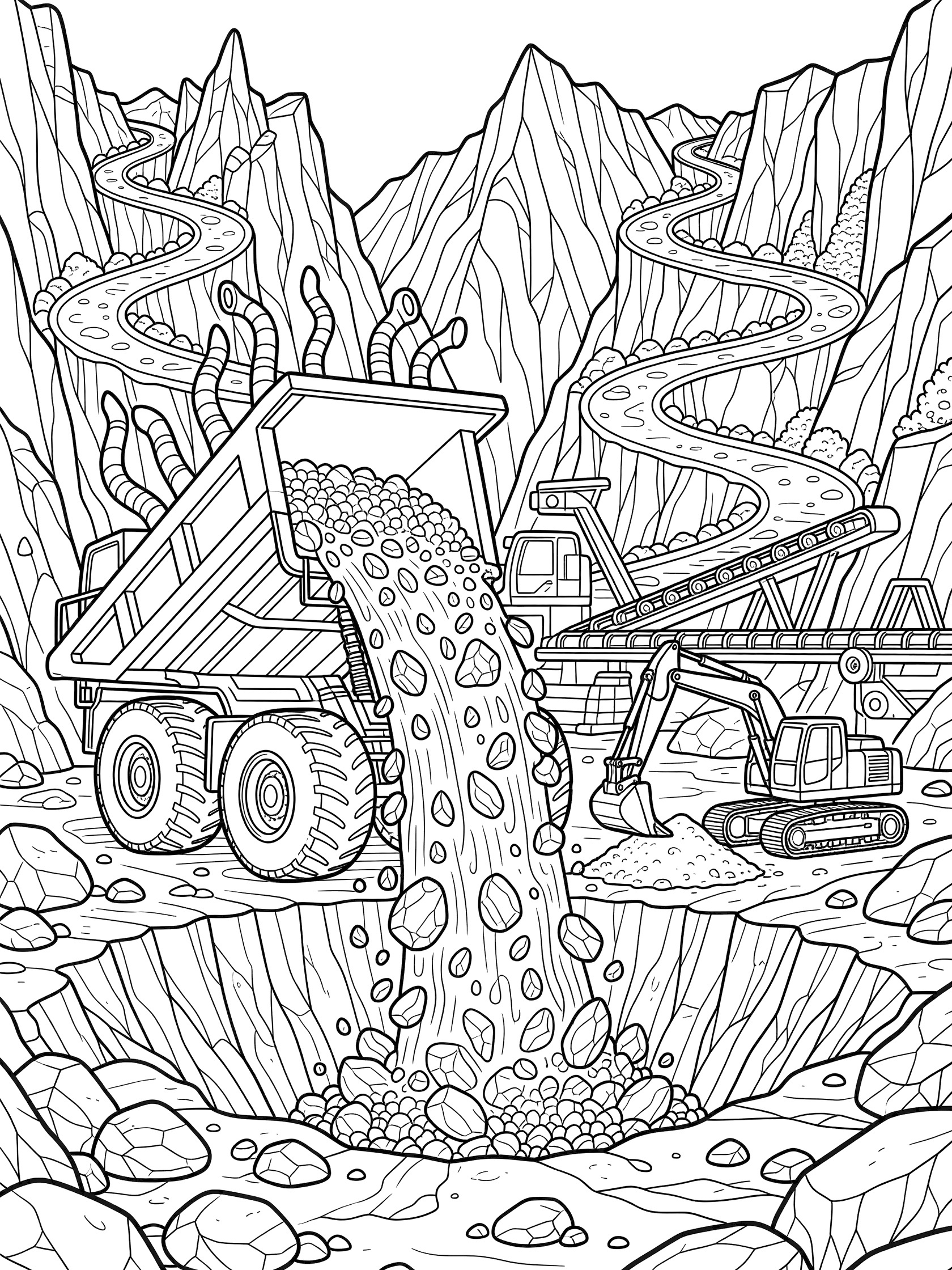 Line art coloring page showing a massive payload dumper truck at a quarry, dumping gravel into a pit with excavator, conveyor, rocks, and mountain cliffs.