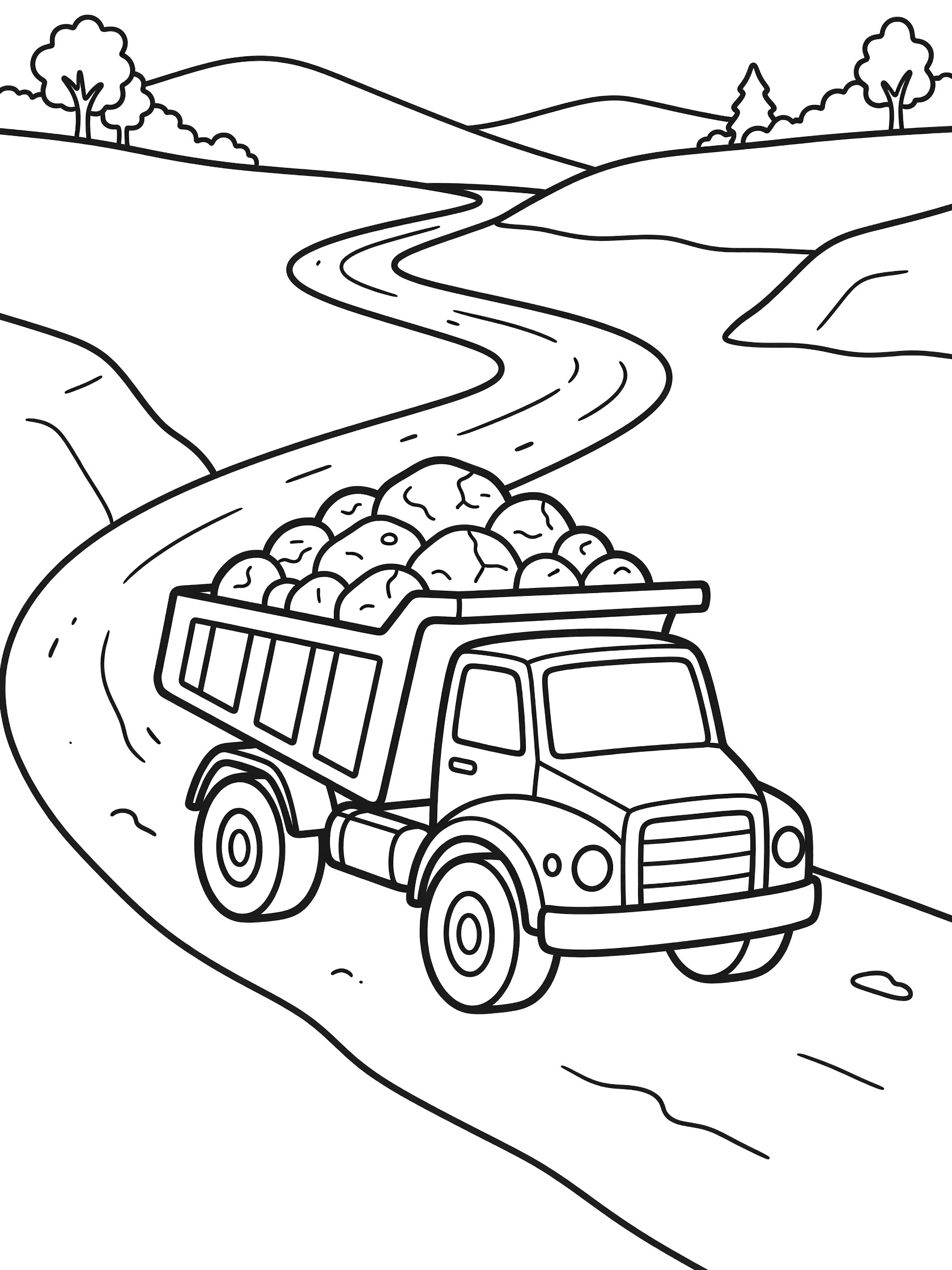 Black and white coloring page of a payload dumper truck hauling a high pile of bumpy rocks up a winding dirt road through green hills and trees in a sunny quarry.