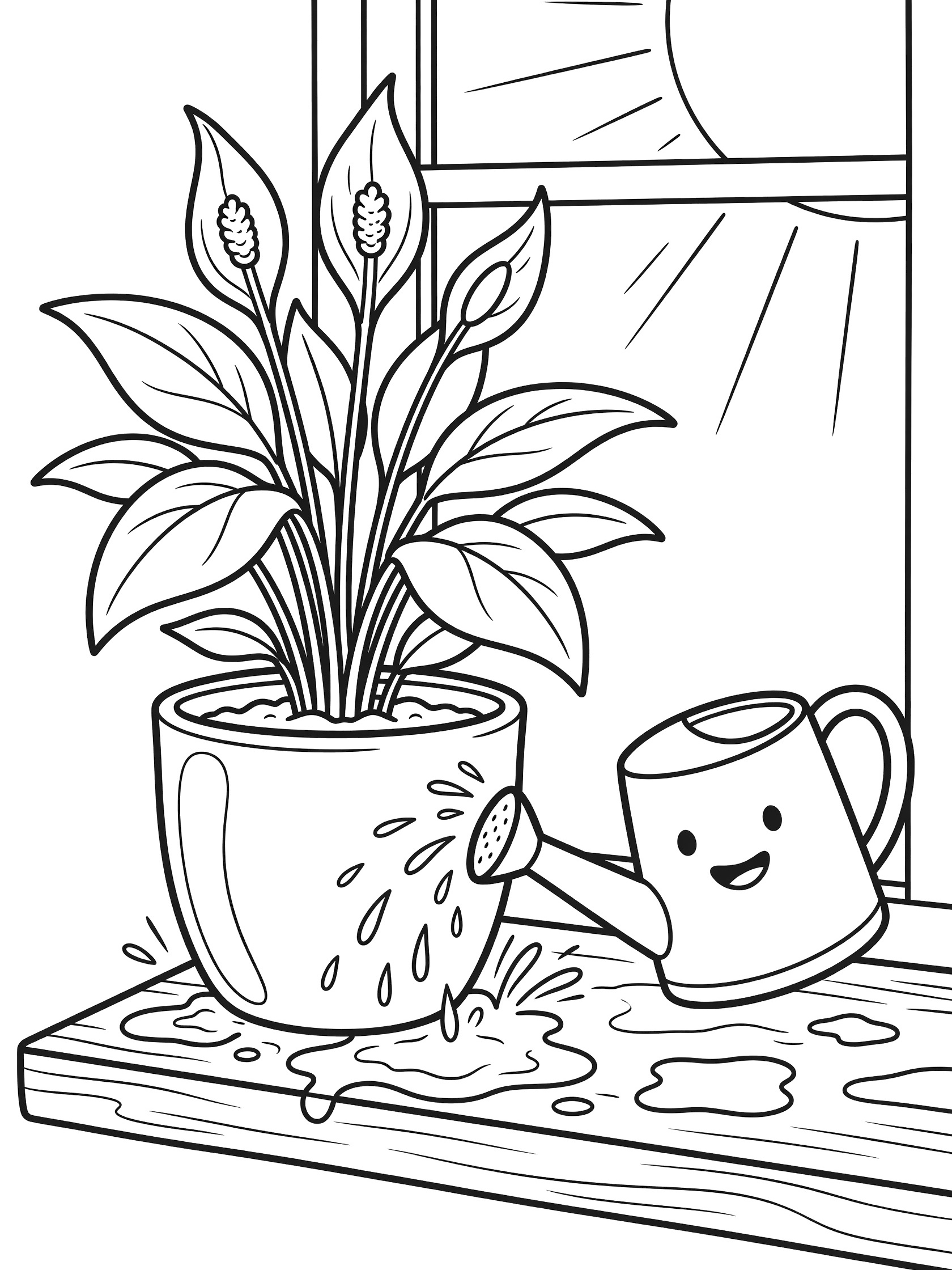 Black and white line art coloring page showing a Peace Lily with glossy leaves and white flowers in a curvy pot, a happy-faced watering can splashing water, on a windowsill with sun rays.