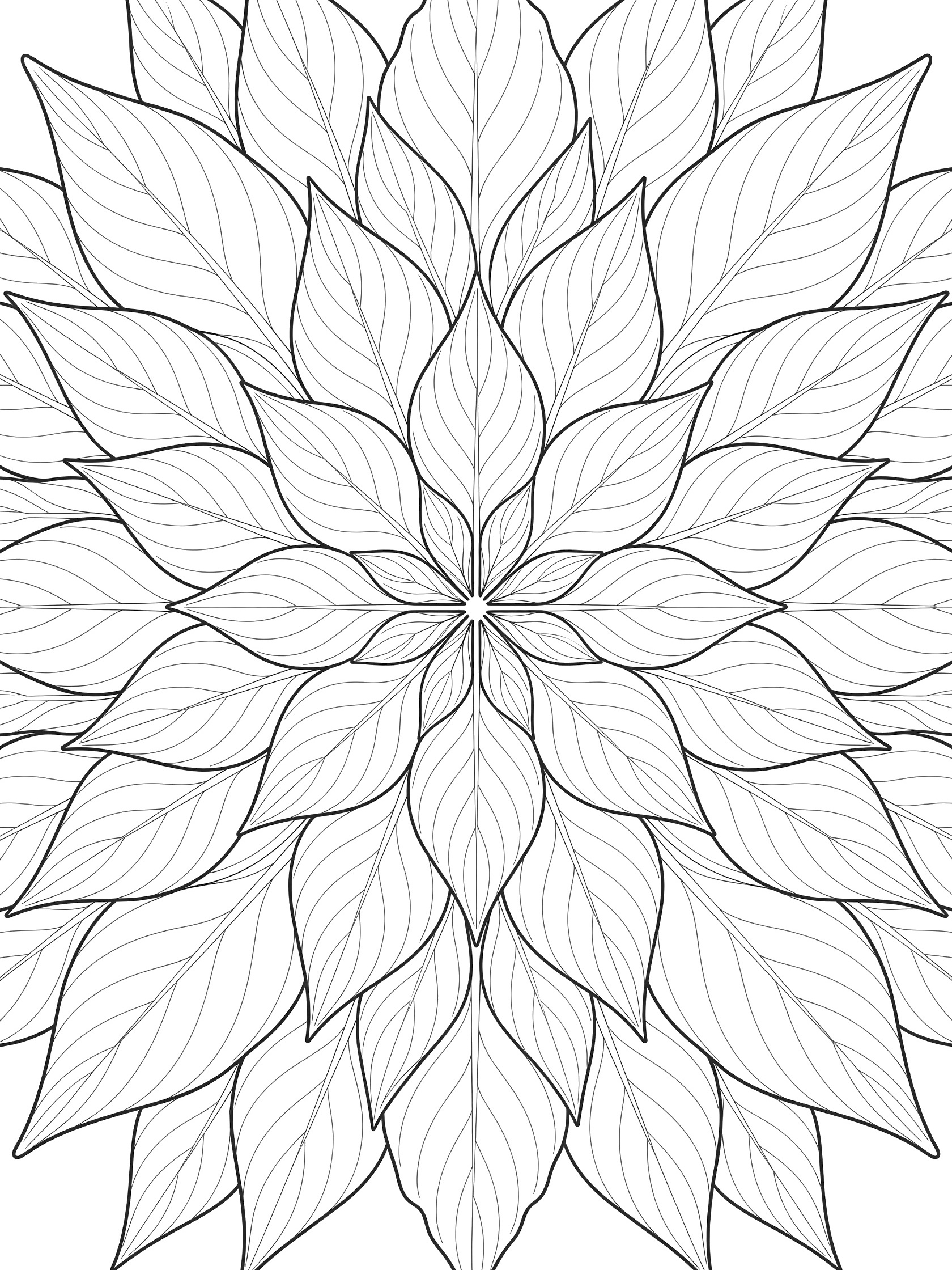 Black and white line art coloring page of a Peace Lily leaf mandala with long curved leaves, intricate veins, and overlapping patterns radiating from the center.
