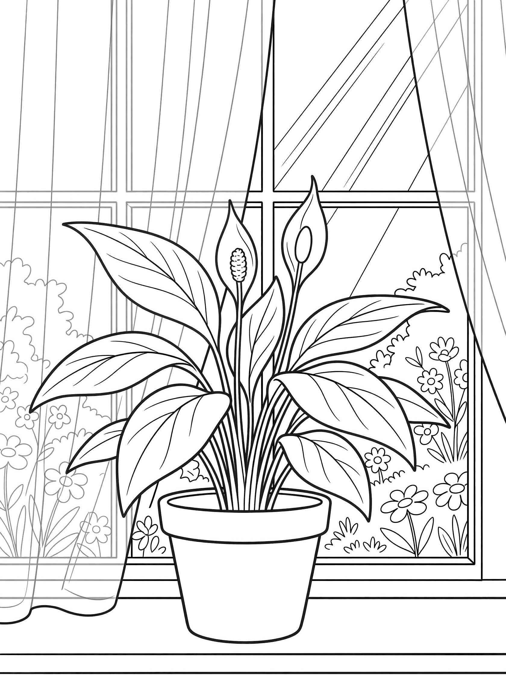 Printable coloring page of a peace lily plant in a pot on a windowsill with sunlight, curtains, and flowers outside