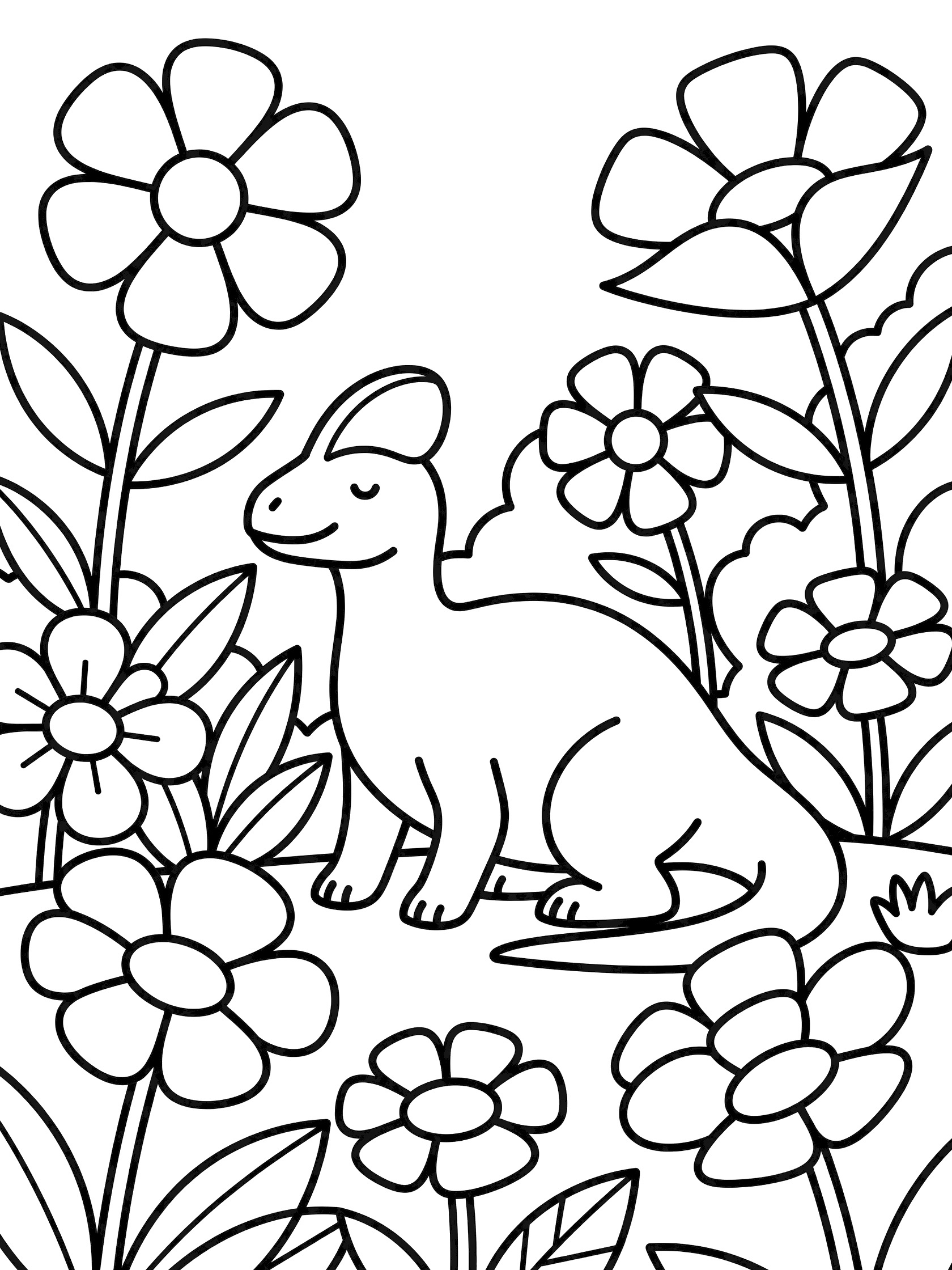 Black and white line art coloring page showing a friendly Parasaurolophus dinosaur with a crest sitting happily surrounded by oversized geometric flowers and leaves.