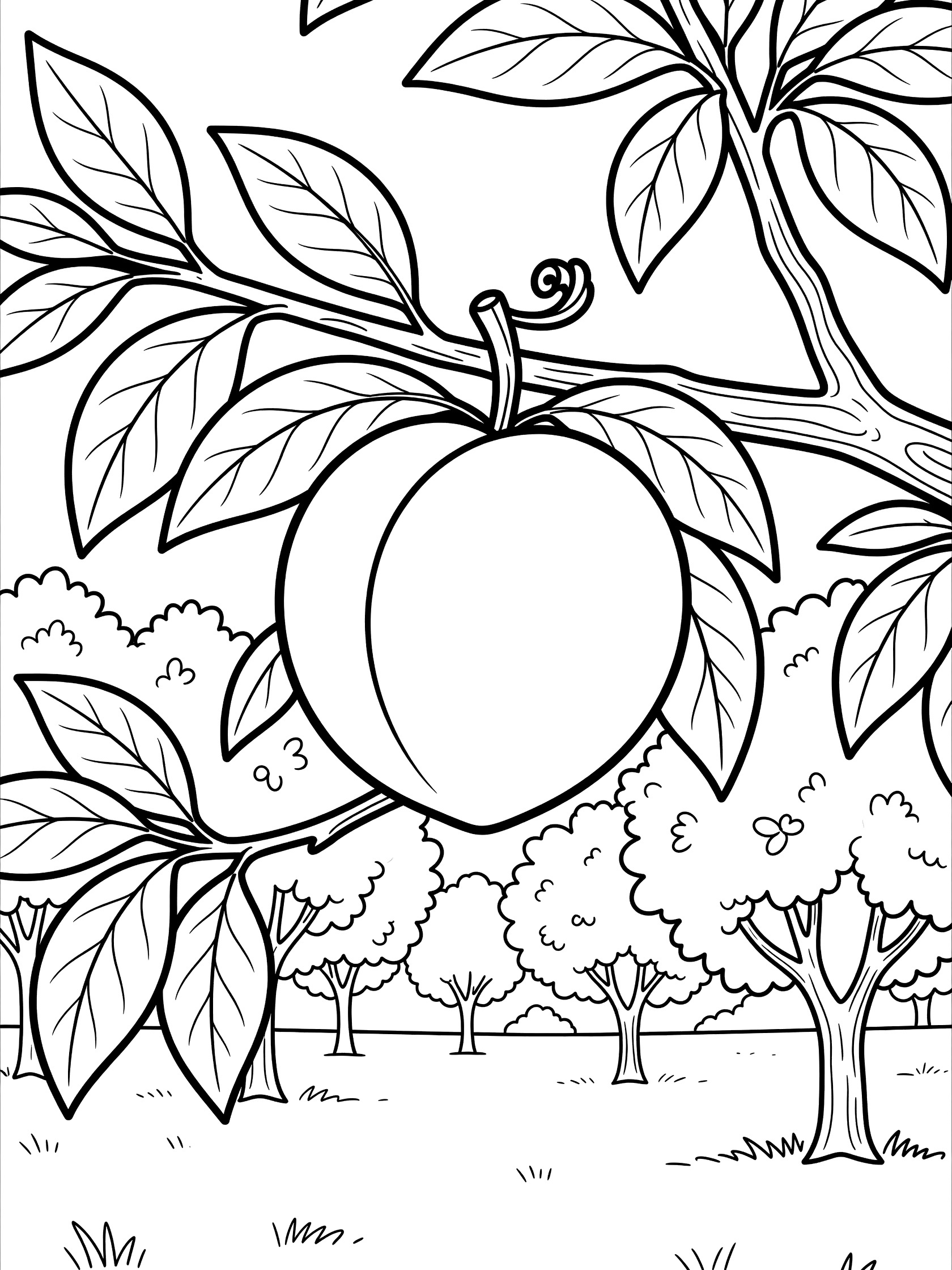 Black-and-white coloring page showing a ripe peach with stem and curly leaf hanging from a branch surrounded by leaves and orchard trees.