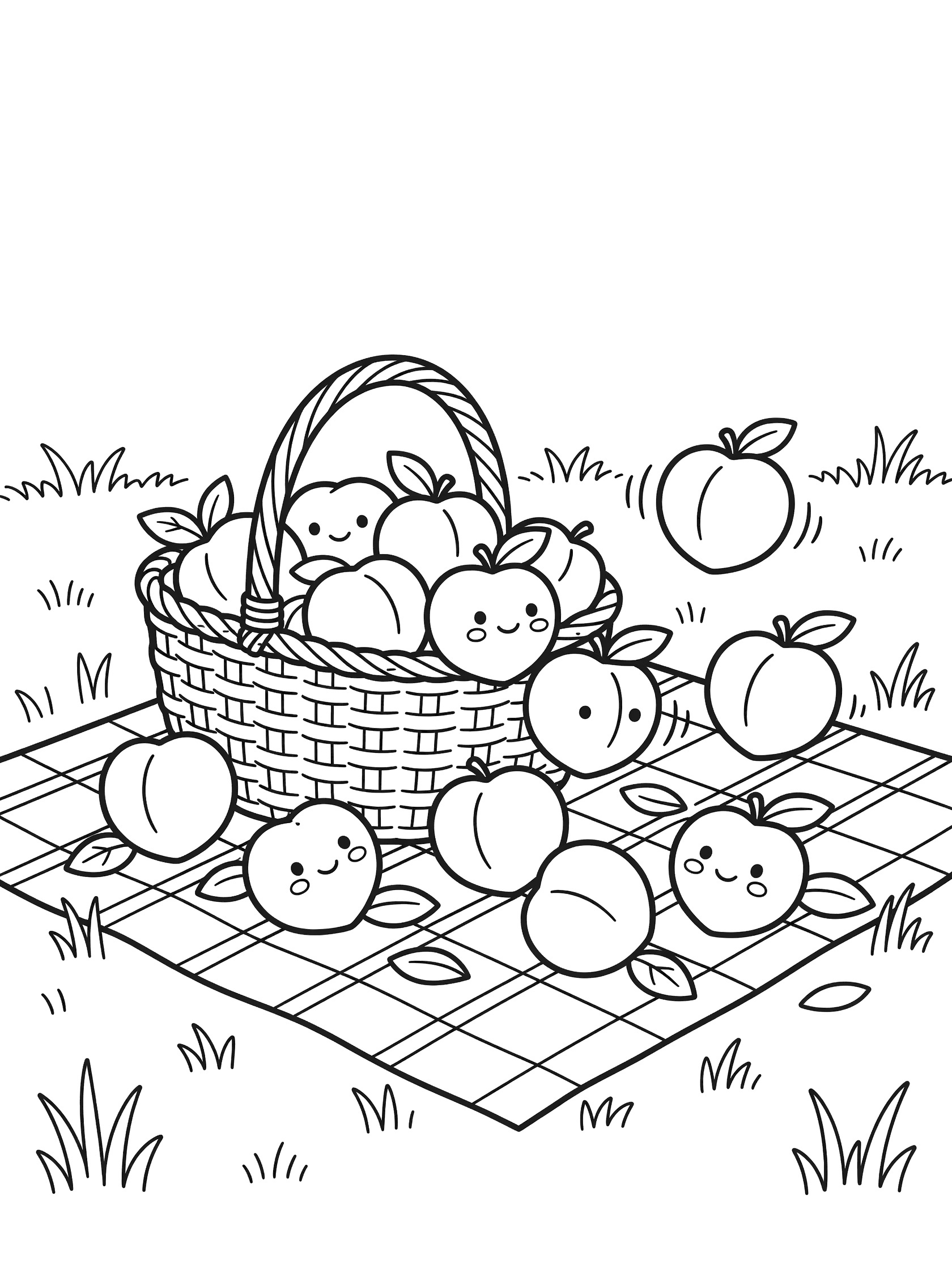 Black-and-white line art of a wicker basket overflowing with happy-faced peaches, scattered leaves on checkered picnic cloth and grass, kawaii style coloring page