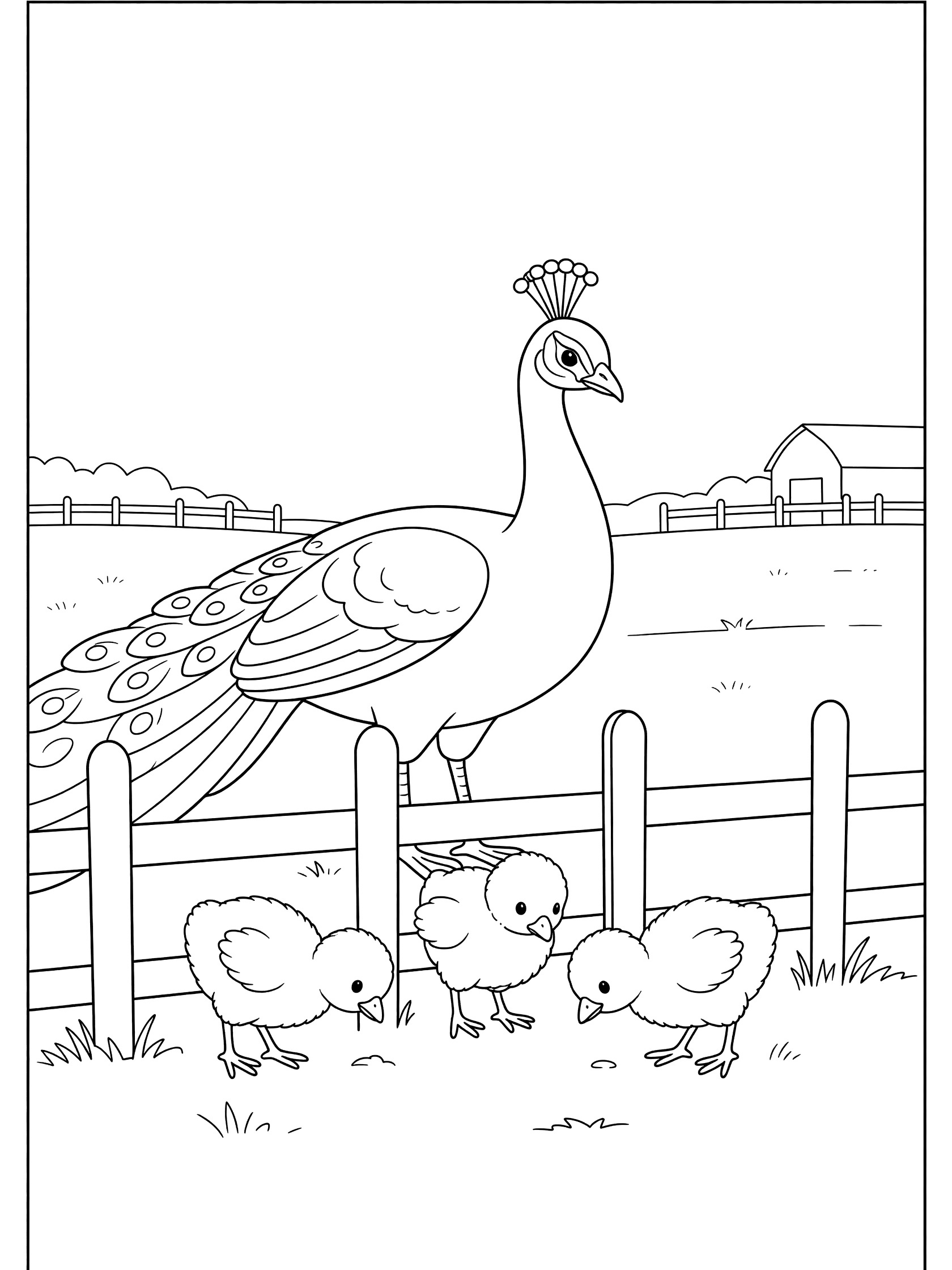 Black and white line art coloring page showing a tall peacock standing by a wooden farm fence with three small fluffy chicks pecking the ground nearby, simple outlines on white background. Peacocks themed black and white printable line art
