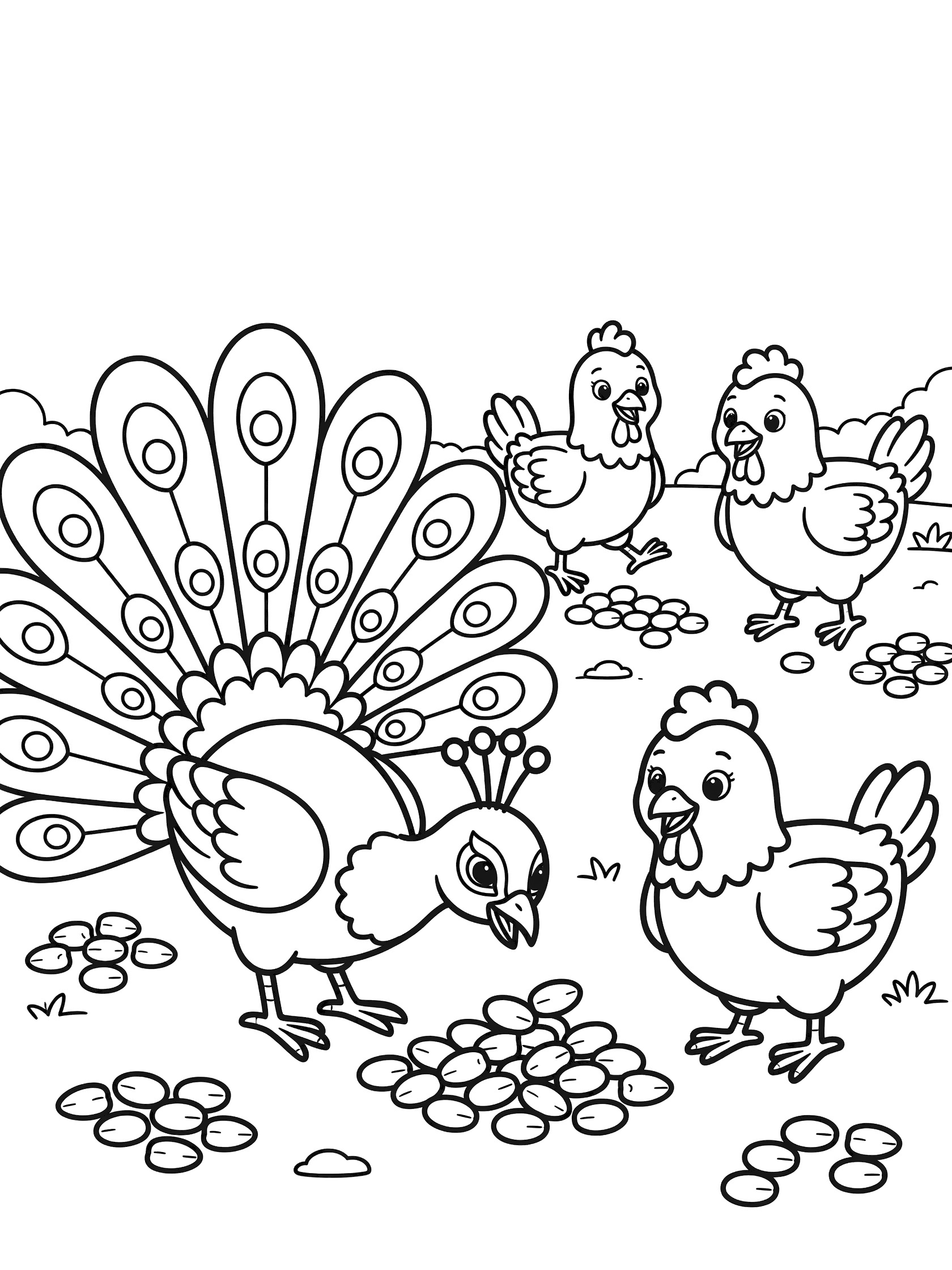 Black and white line art coloring page showing a peacock standing with three chicks around scattered coins on the ground. Peacocks themed black and white printable line art
