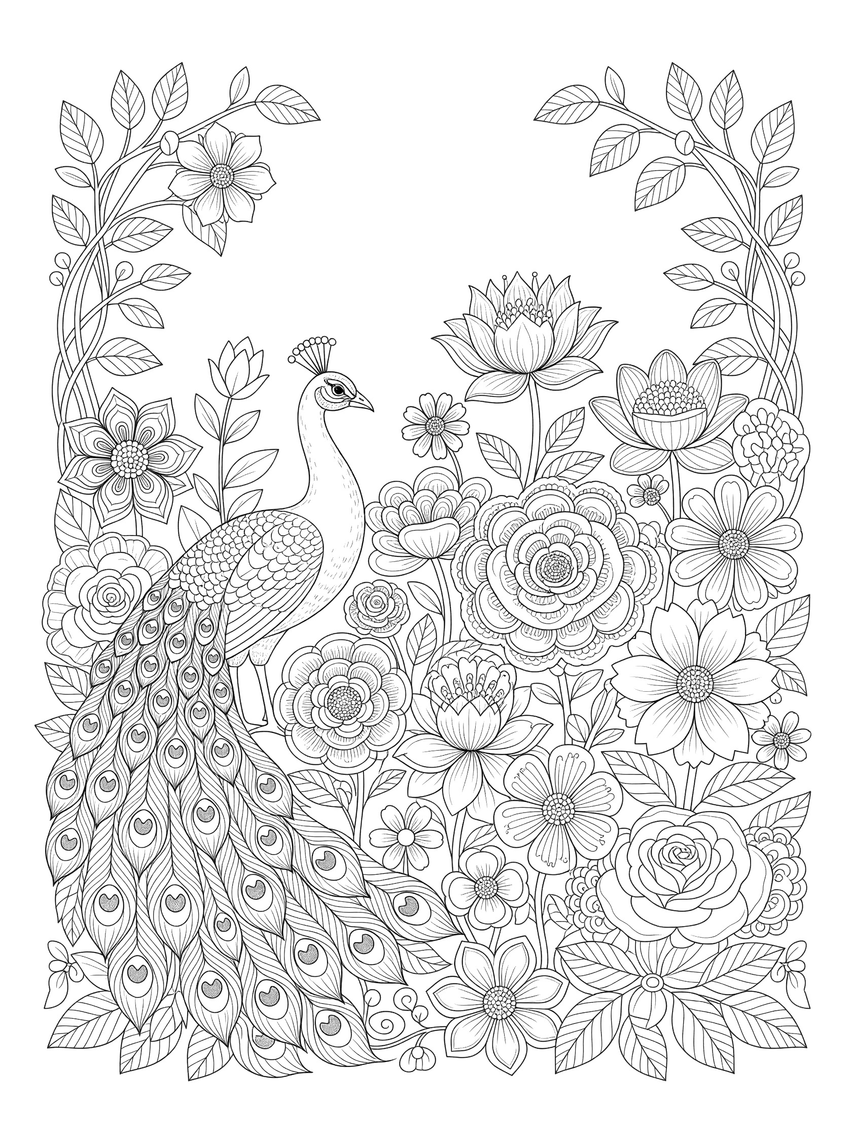 Black and white coloring page of a peacock standing among detailed flowers, vines, and leaves in a symmetric garden design. Peacocks themed black and white printable line art