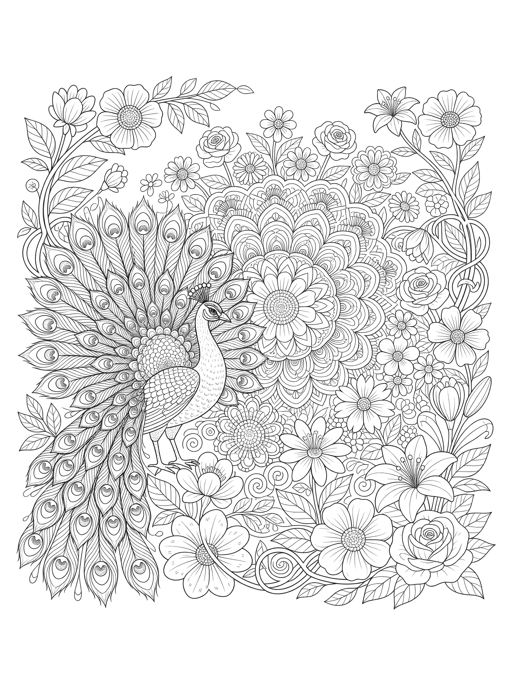 Black and white line art coloring page showing a peacock with tail feathers near blooming flowers, leaves, and vines in a garden design. Peacocks themed black and white printable line art