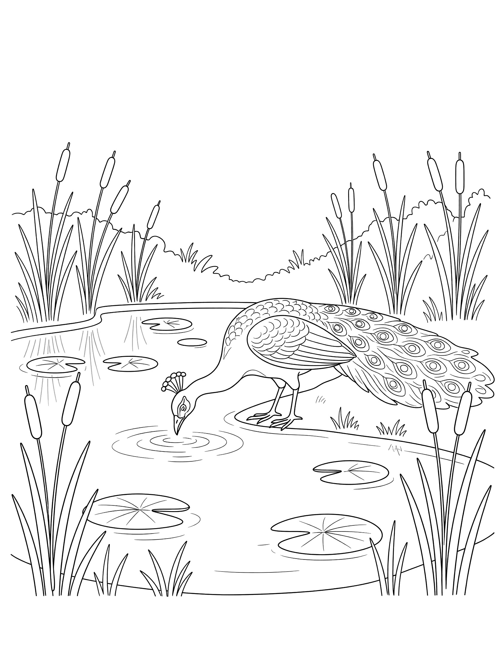 Black and white line art coloring page showing a peacock bending to drink from a pond surrounded by lily pads and tall reeds.