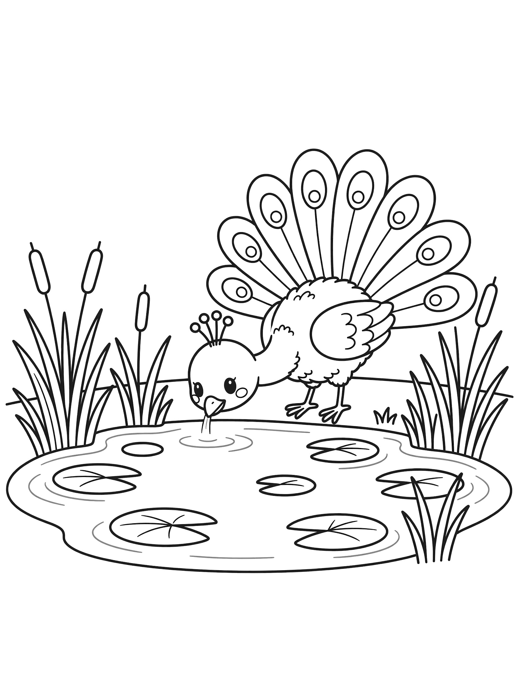 Black and white coloring page of a cute peacock drinking from a pond with lily pads and tall reeds around the edge. Peacocks themed black and white printable line art