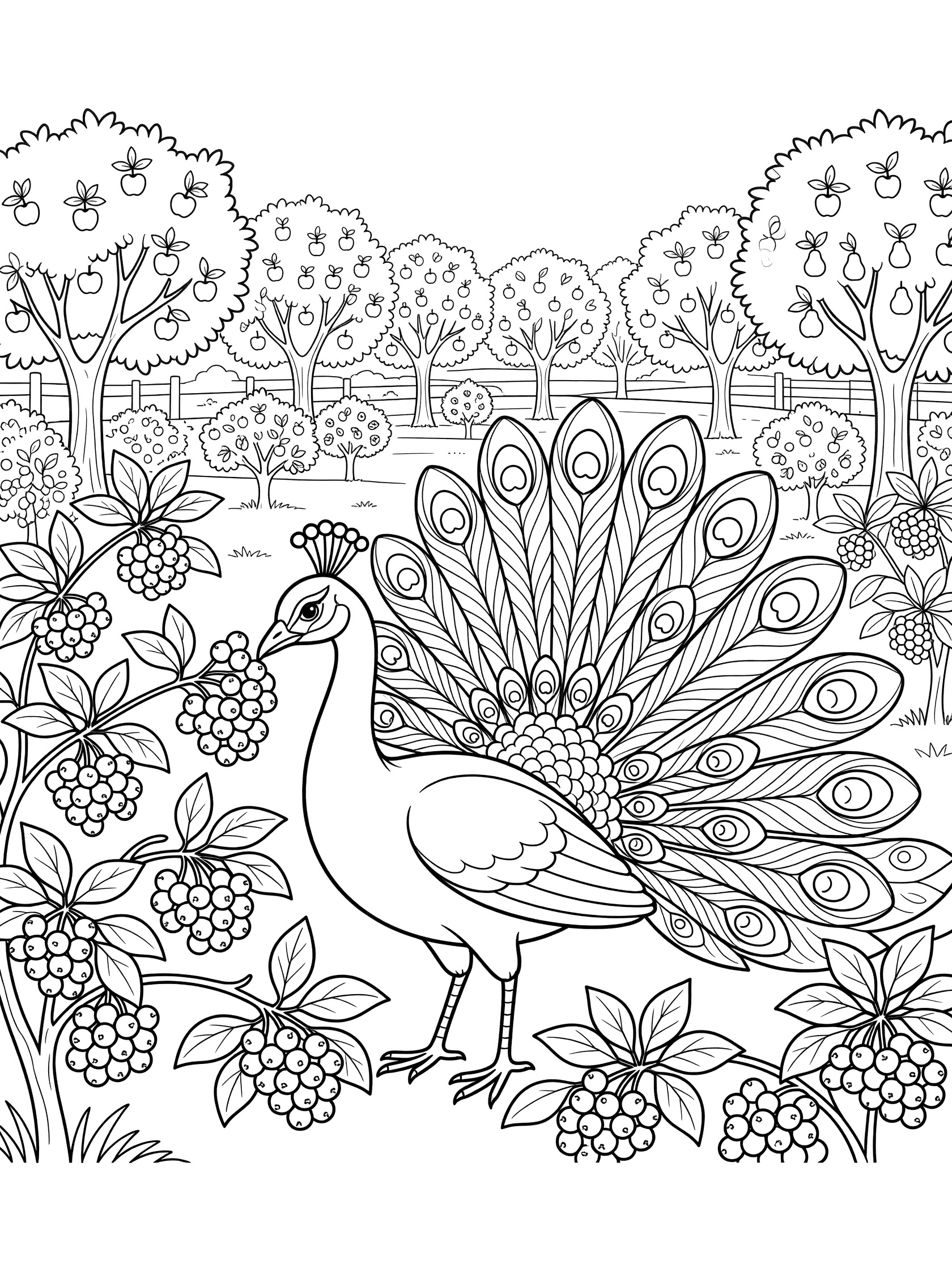Black and white line art coloring page showing a peacock standing near berry bushes eating fruit with orchard trees and fence.