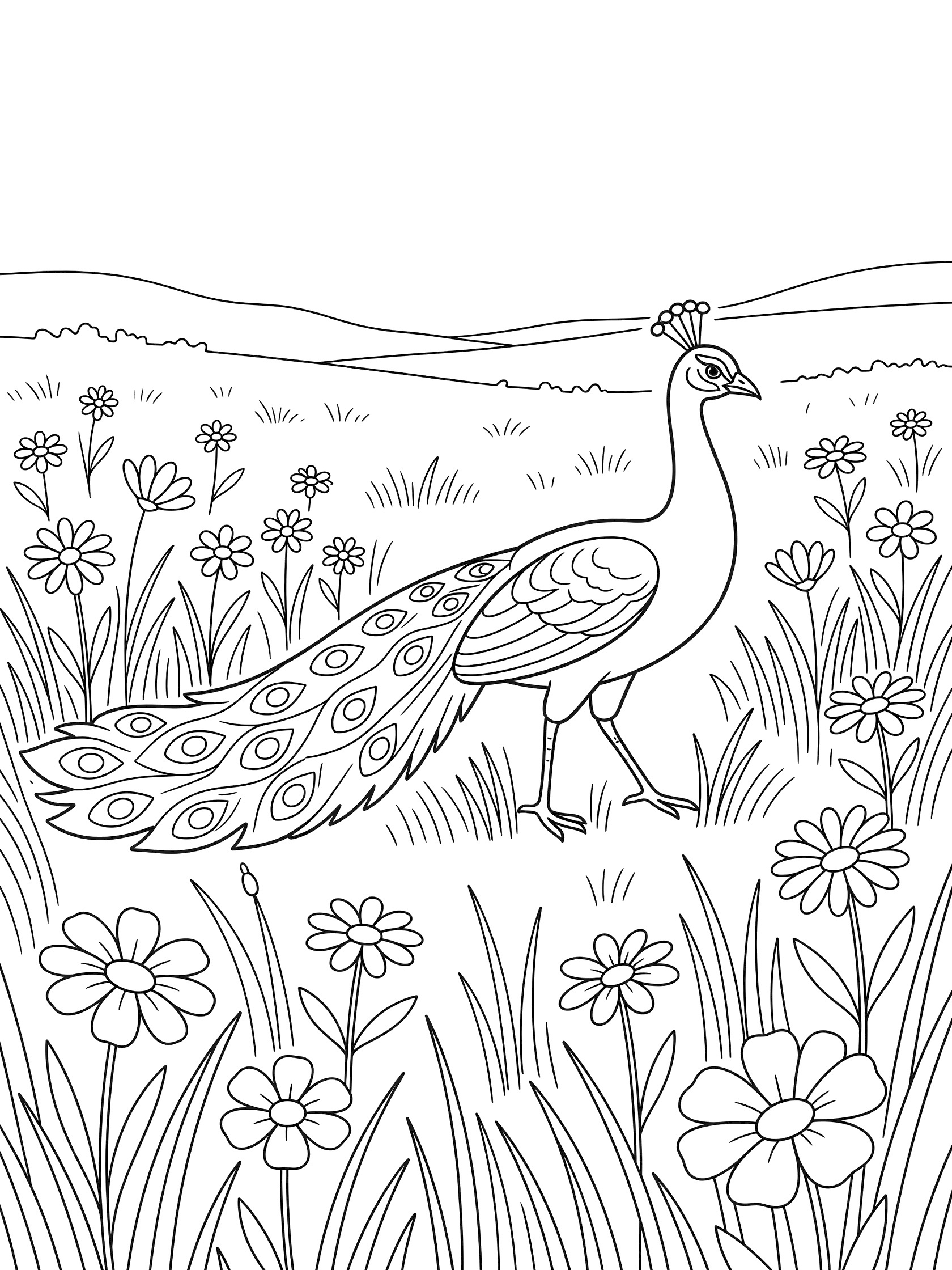 Black and white line art coloring page showing a peacock standing in tall grass with flowers and distant hills.