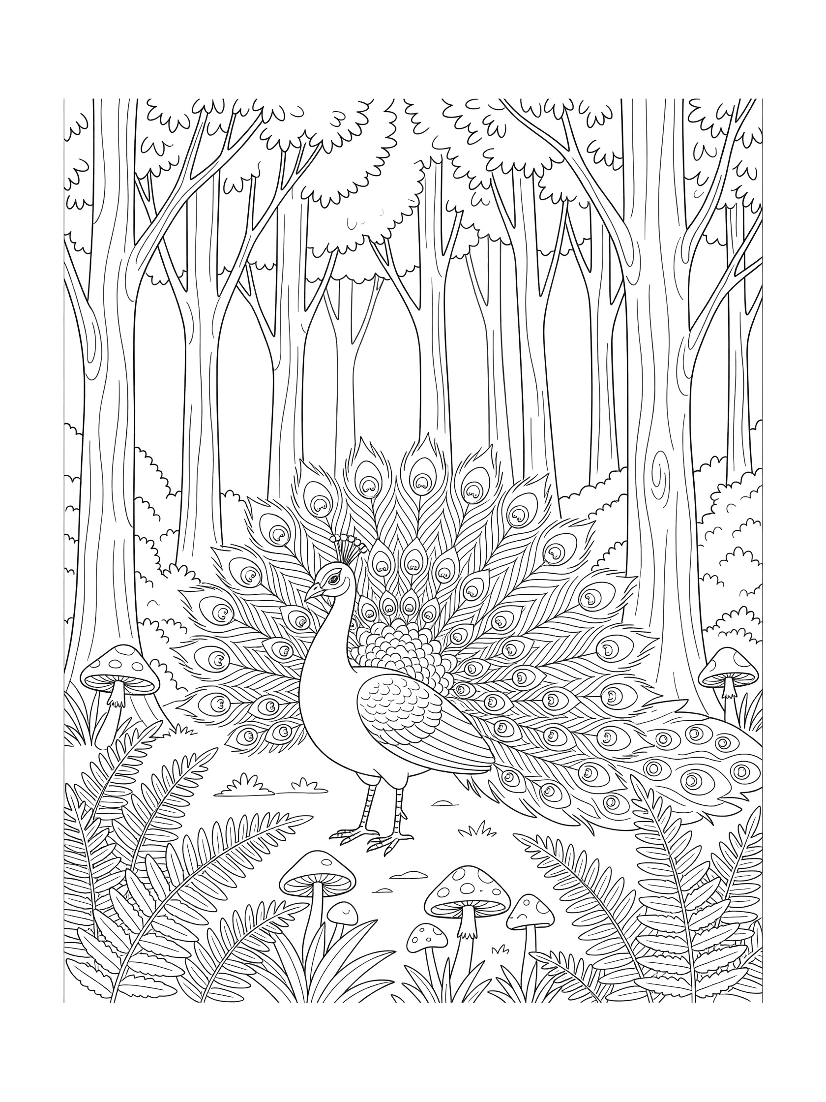 Black and white coloring page of a peacock standing in a forest with trees, ferns, and mushrooms