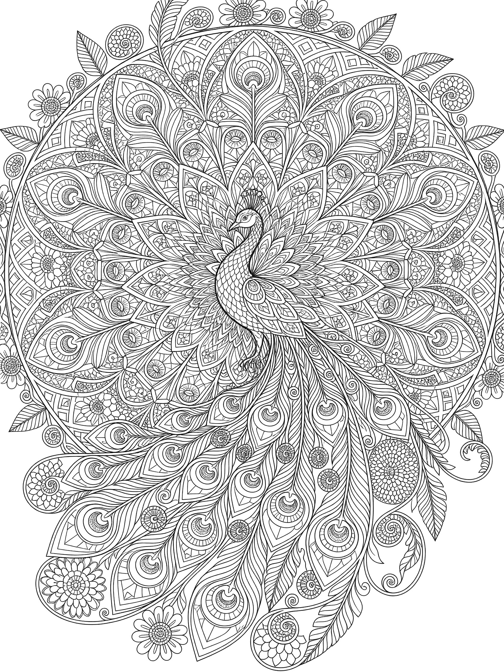 Black and white line art of a symmetric peacock mandala with detailed feathers, flowers, leaves, and geometric shapes in a circular design.