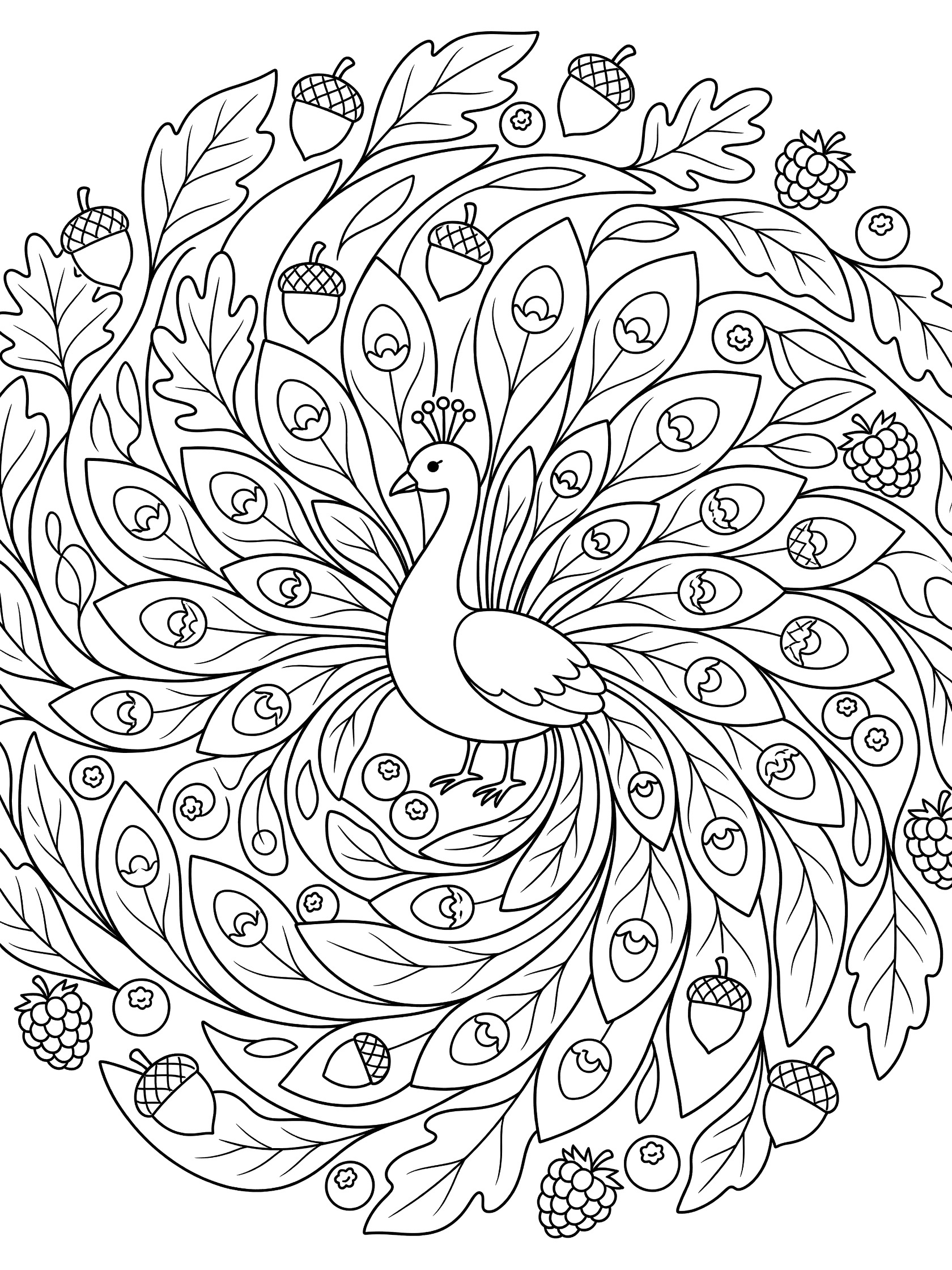 Black and white line art of a peacock in a mandala design with tail feathers made of layered leaves and acorns plus scattered berries, perfect for coloring.
