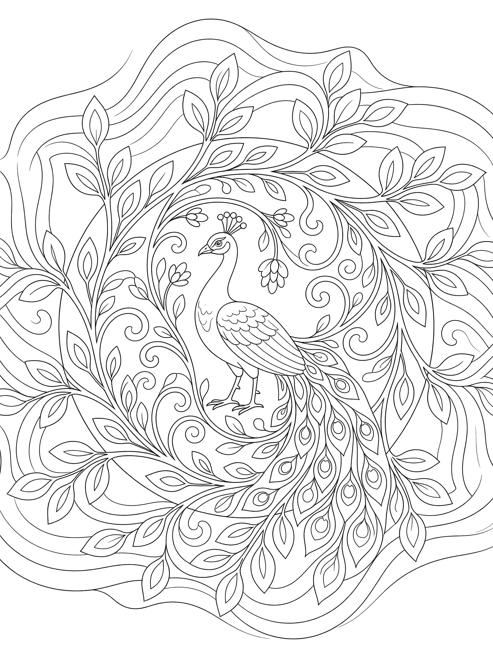 Black and white line art coloring page of a peacock in a circular mandala with curling vines, leaves, and feather patterns.