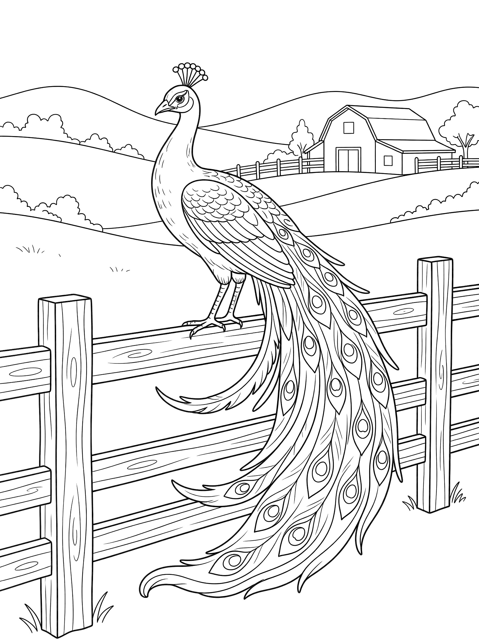 Black and white coloring page of a peacock standing on a wooden fence, preening its wing, with a barn and rolling hills behind it. Peacocks themed black and white printable line art