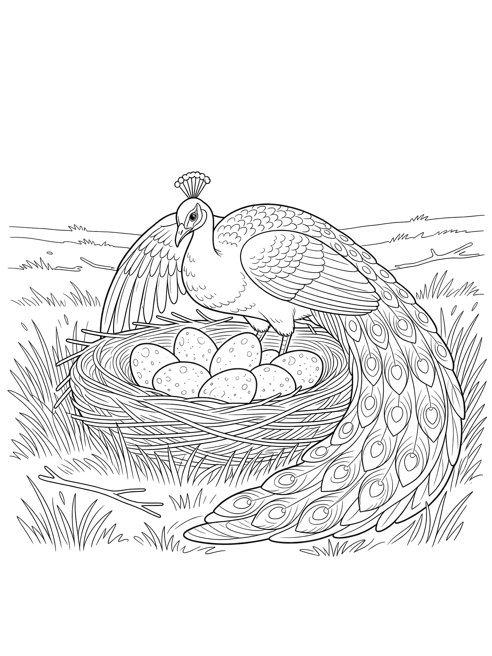 Black and white line art coloring page showing a peacock sitting on a nest with speckled eggs, grass, and twigs. Peacocks themed black and white printable line art