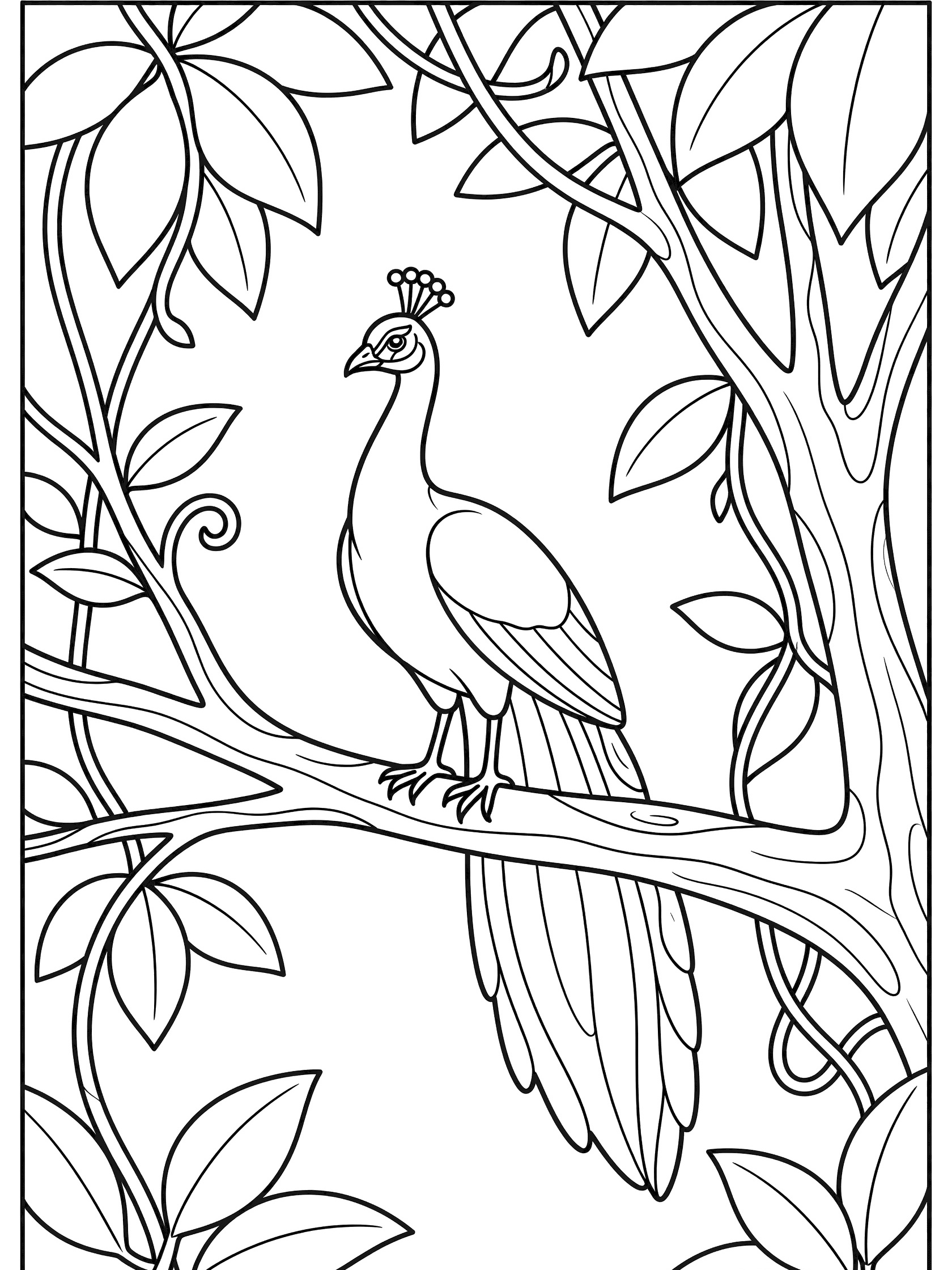Black and white line art coloring page showing a peacock perched on a tree branch surrounded by leaves and vines.