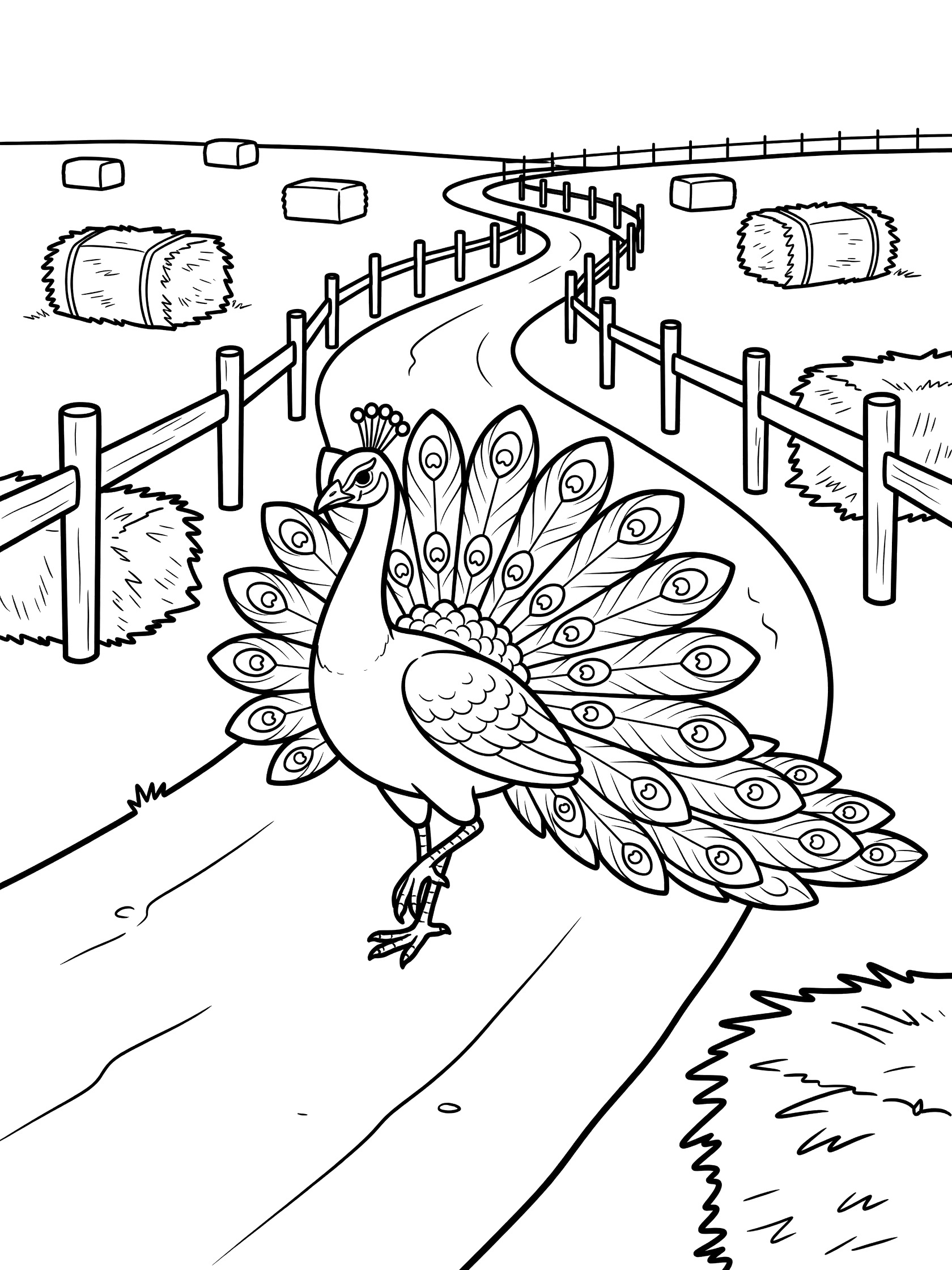 Black and white line art coloring page showing a peacock with tail feathers walking on a winding path lined by a simple fence and hay bales. Peacocks themed black and white printable line art
