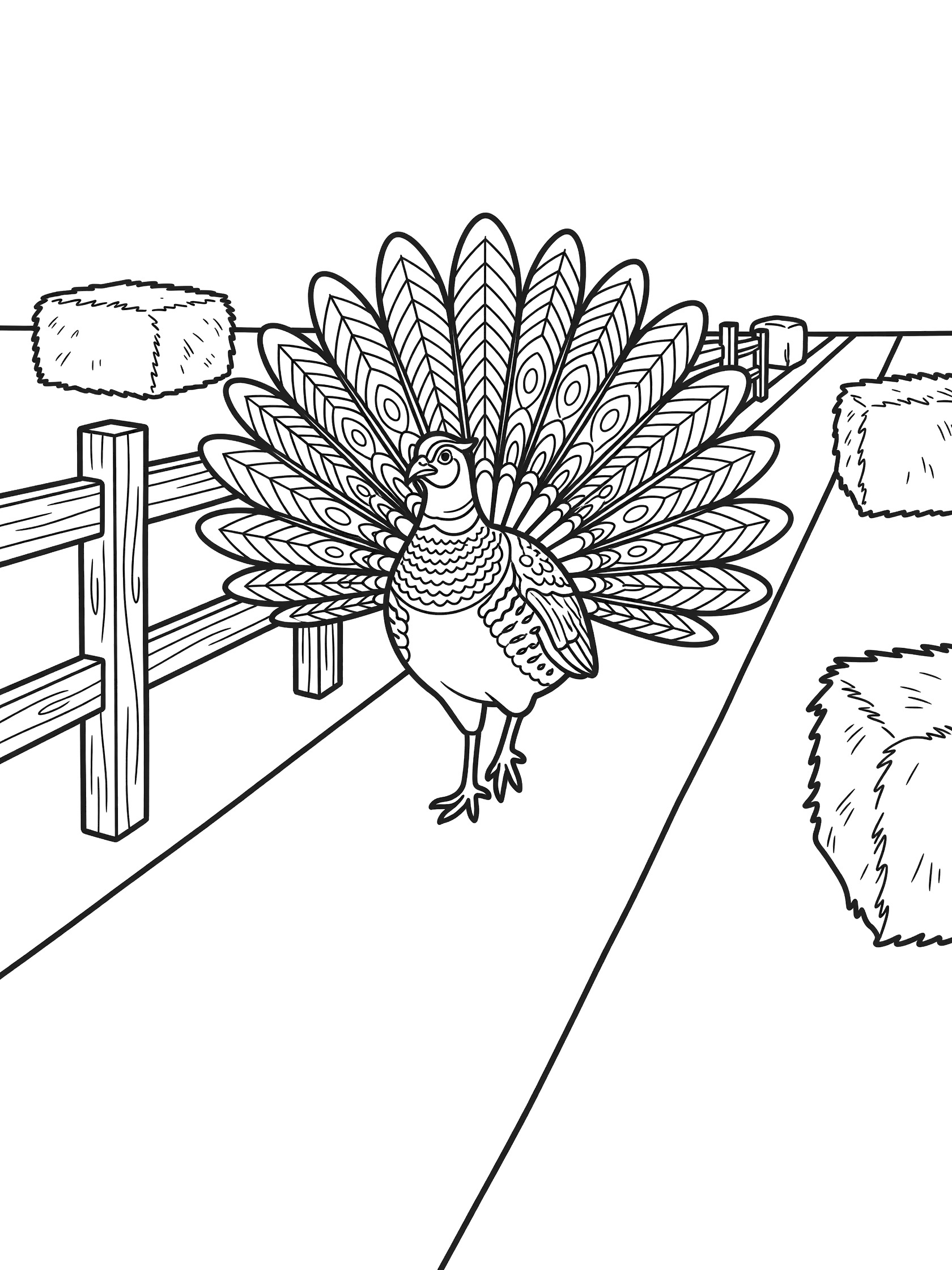 Black and white line art coloring page showing a proud peacock strutting on a farm path with wide fanned tail feathers, wooden fence post, and hay bales. Pheasant themed black and white printable line art