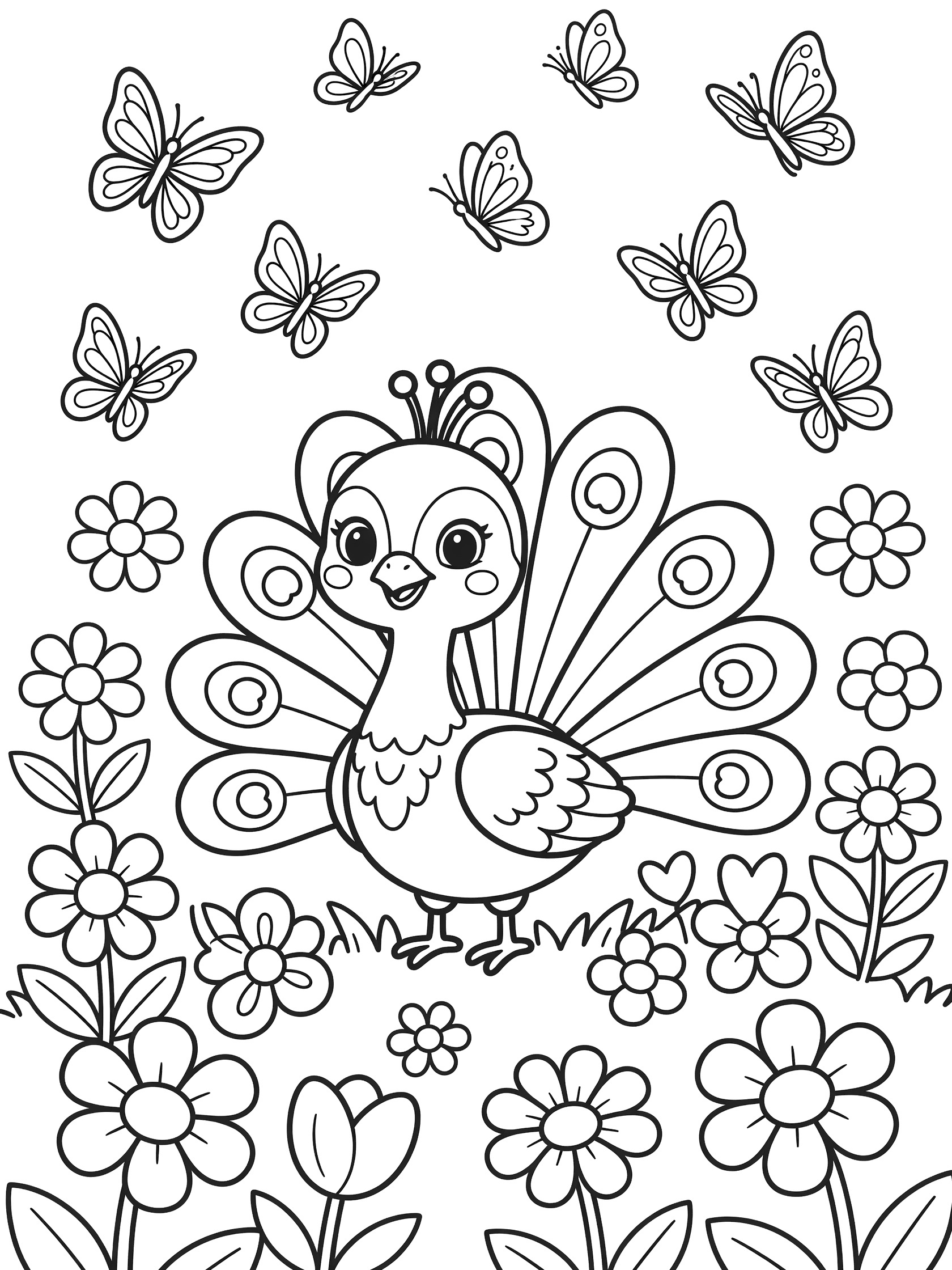 Cute peacock standing with open tail feathers surrounded by butterflies and flowers, black line art coloring page