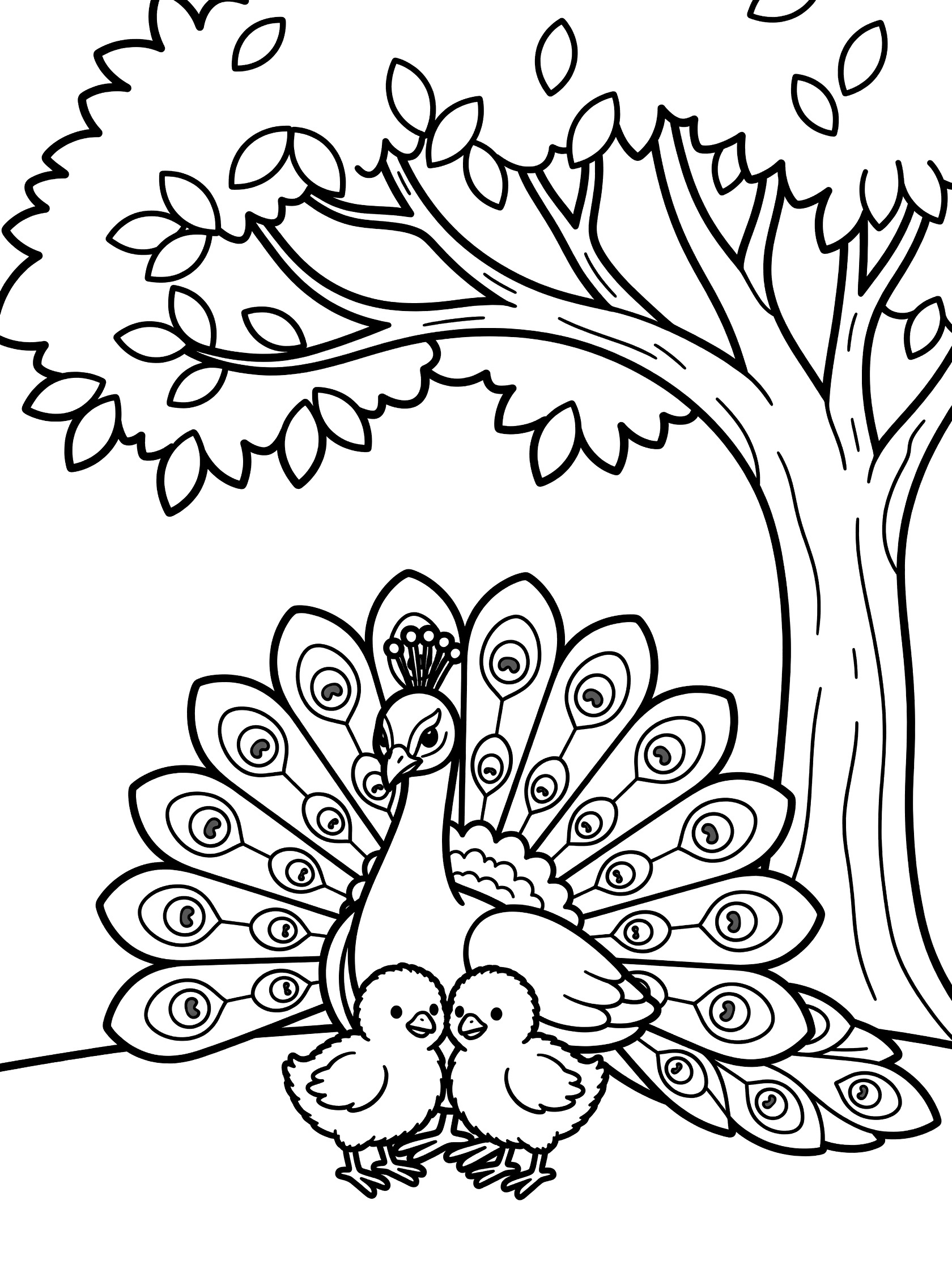 Black and white line art coloring page showing a large peacock with open tail feathers standing over two small chicks under a tree with leaves and branches.