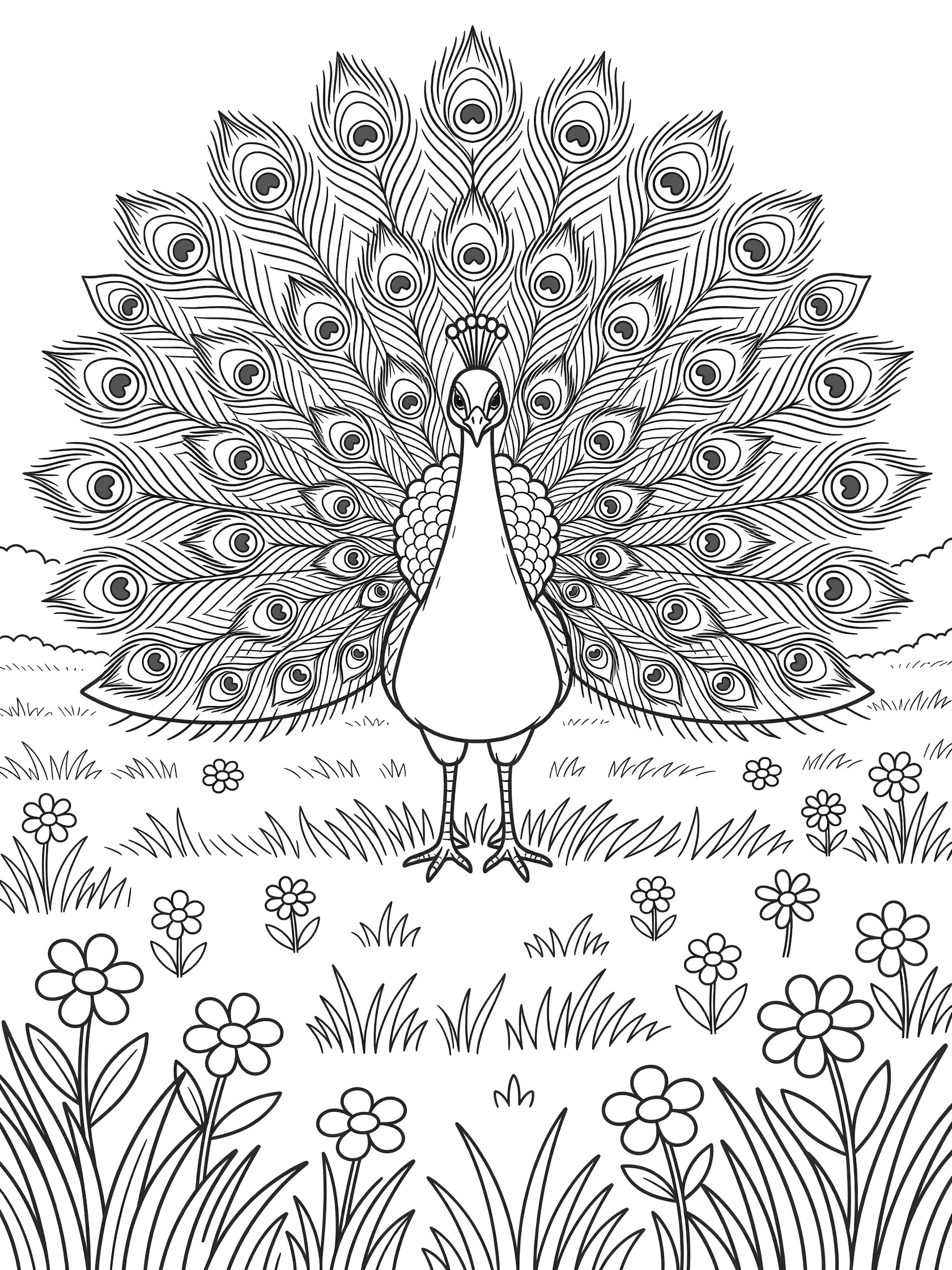 Black and white coloring page of a peacock displaying its large fanned tail feathers with eye patterns, standing on a field with grass and simple flowers. Peacocks themed black and white printable line art