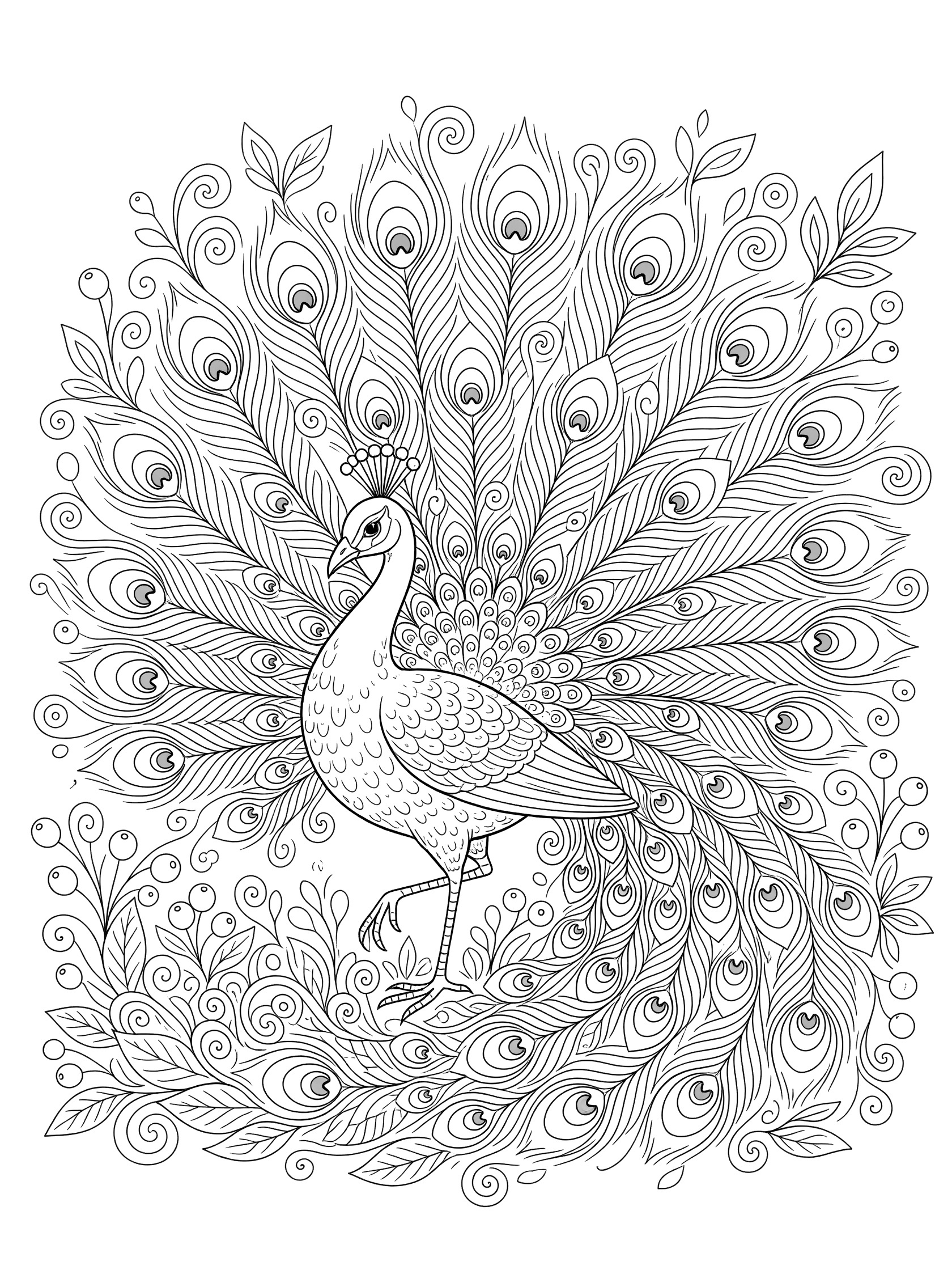 Black and white line art coloring page showing a peacock preening its long fanned tail feathers on one leg with doodle leaves and berries. Peacocks themed black and white printable line art