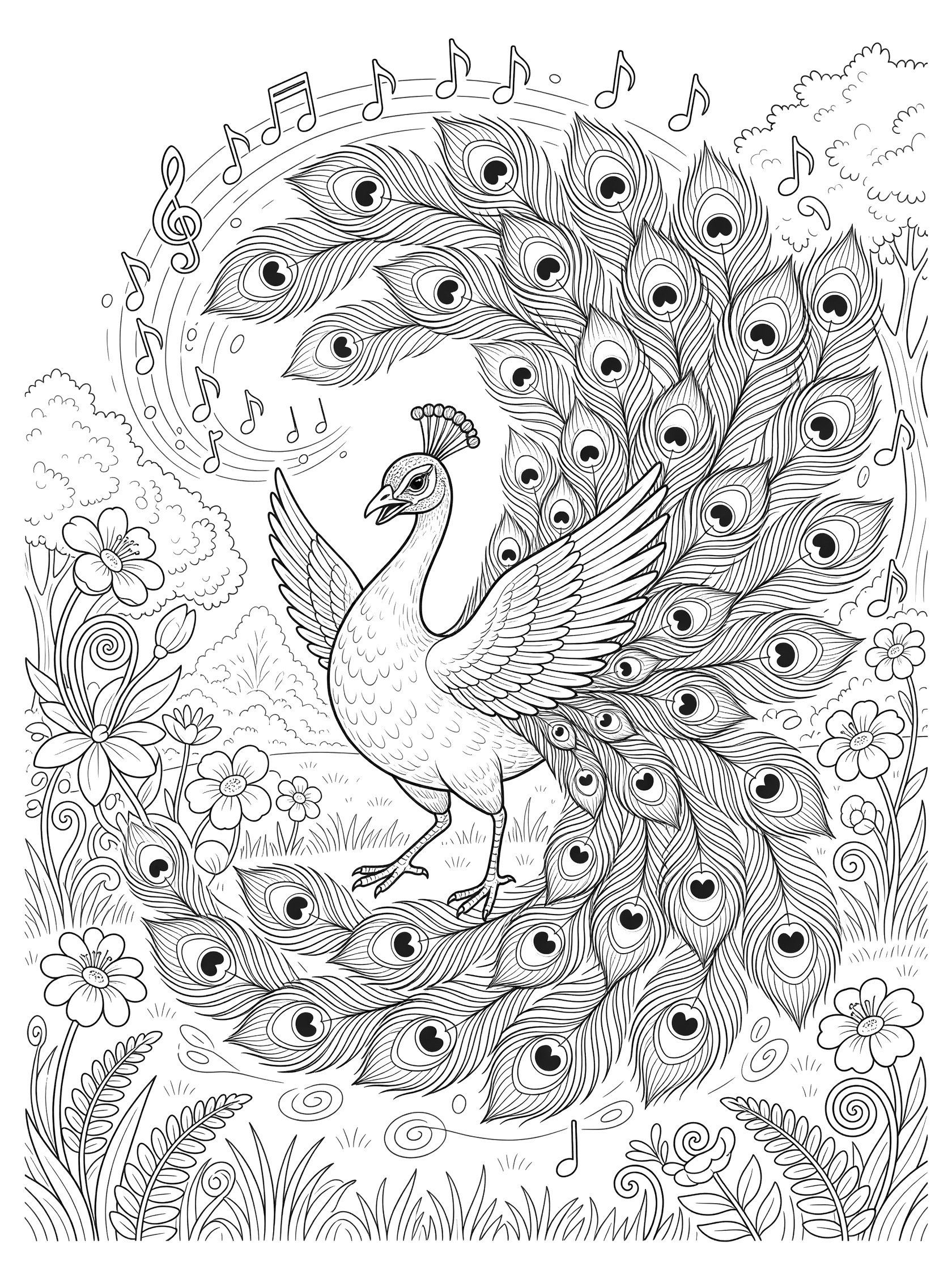 Black and white line drawing of a peacock standing with one wing raised, large tail feathers spread wide in a swirl, music notes floating around, flowers, leaves, and grass in a garden scene.